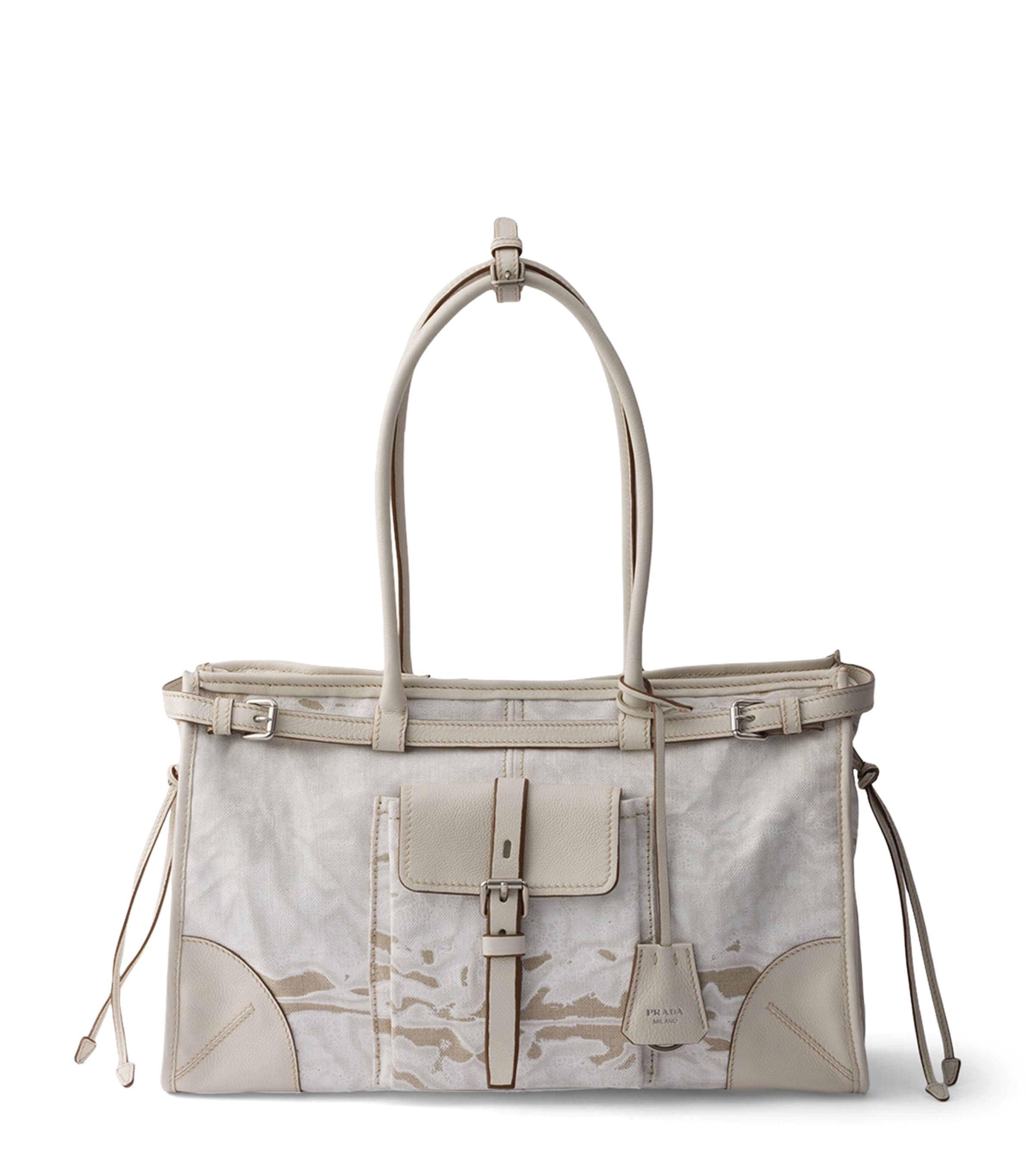 Prada Large Leather and Printed Linen Bonnie Top-Handle Bag White