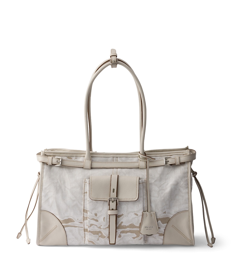 Prada Large Leather and Printed Linen Bonnie Top-Handle Bag White