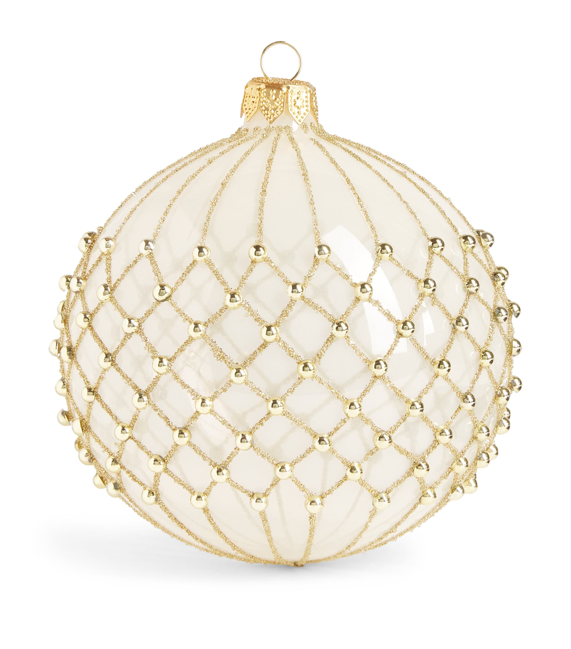Harrods Glass Glitter Criss-Cross Bauble Beige