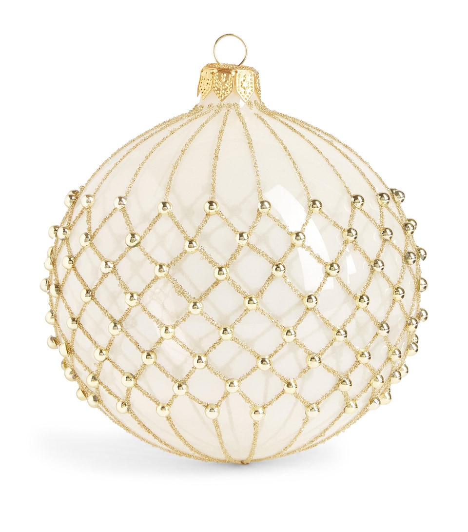 Harrods Glass Glitter Criss-Cross Bauble Beige
