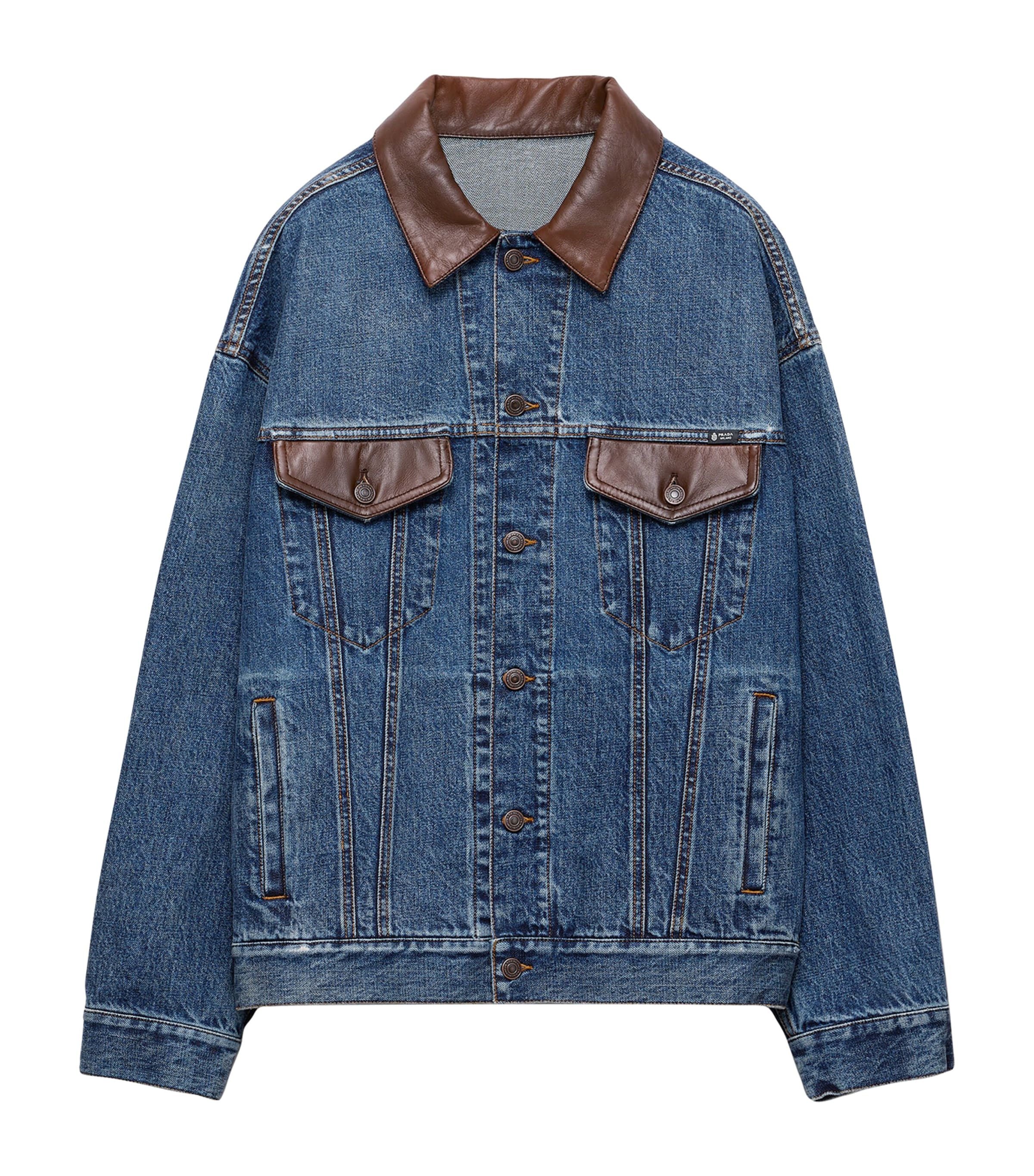 Prada Mens Leather-Collar Denim Jacket Blue
