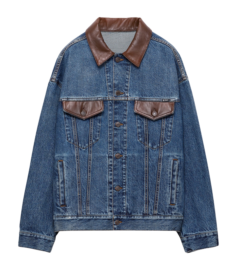 Prada Mens Leather-Collar Denim Jacket Blue