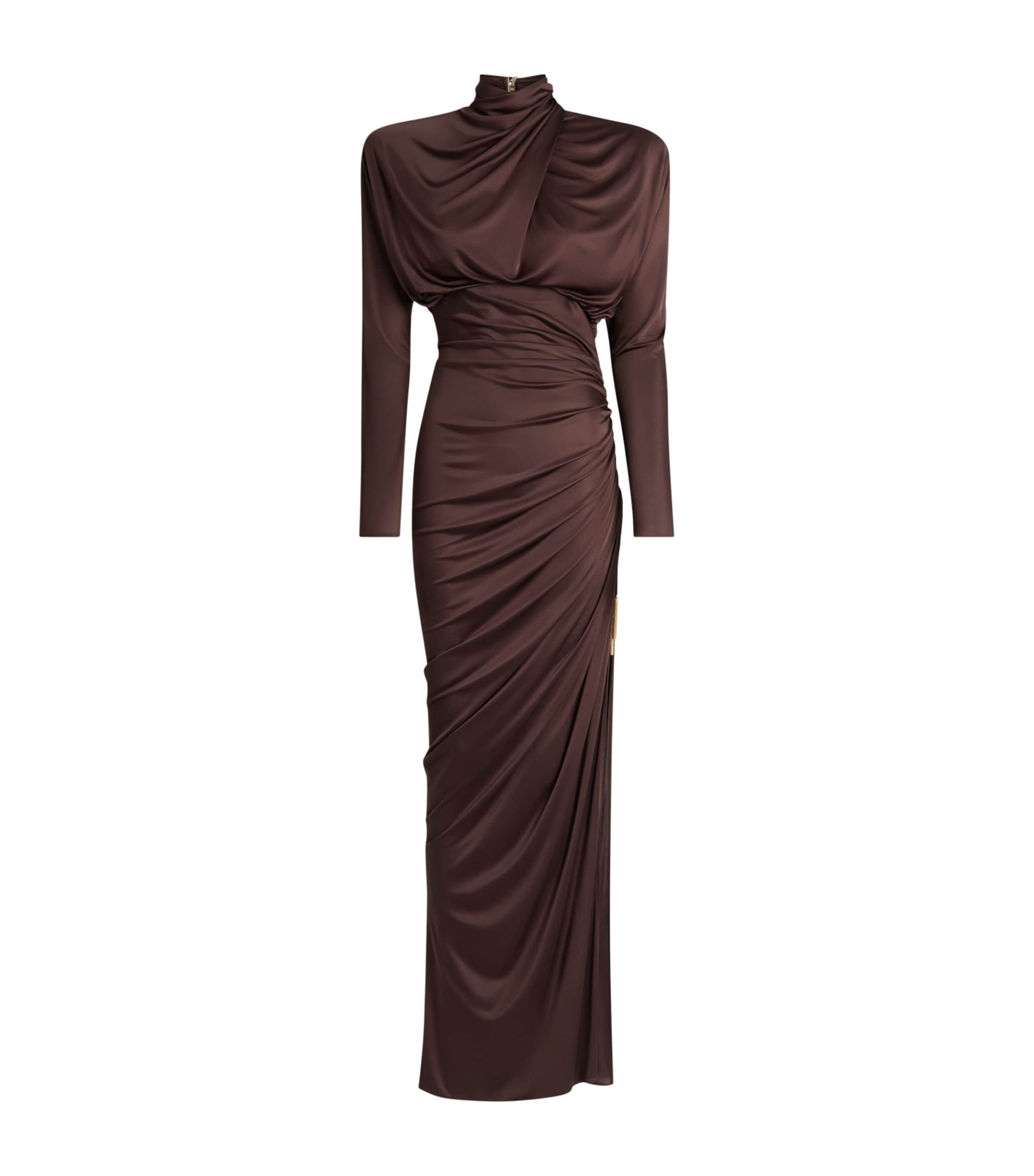 Balmain Womens Draped Long-Sleeve Maxi Dress Brown Marron
