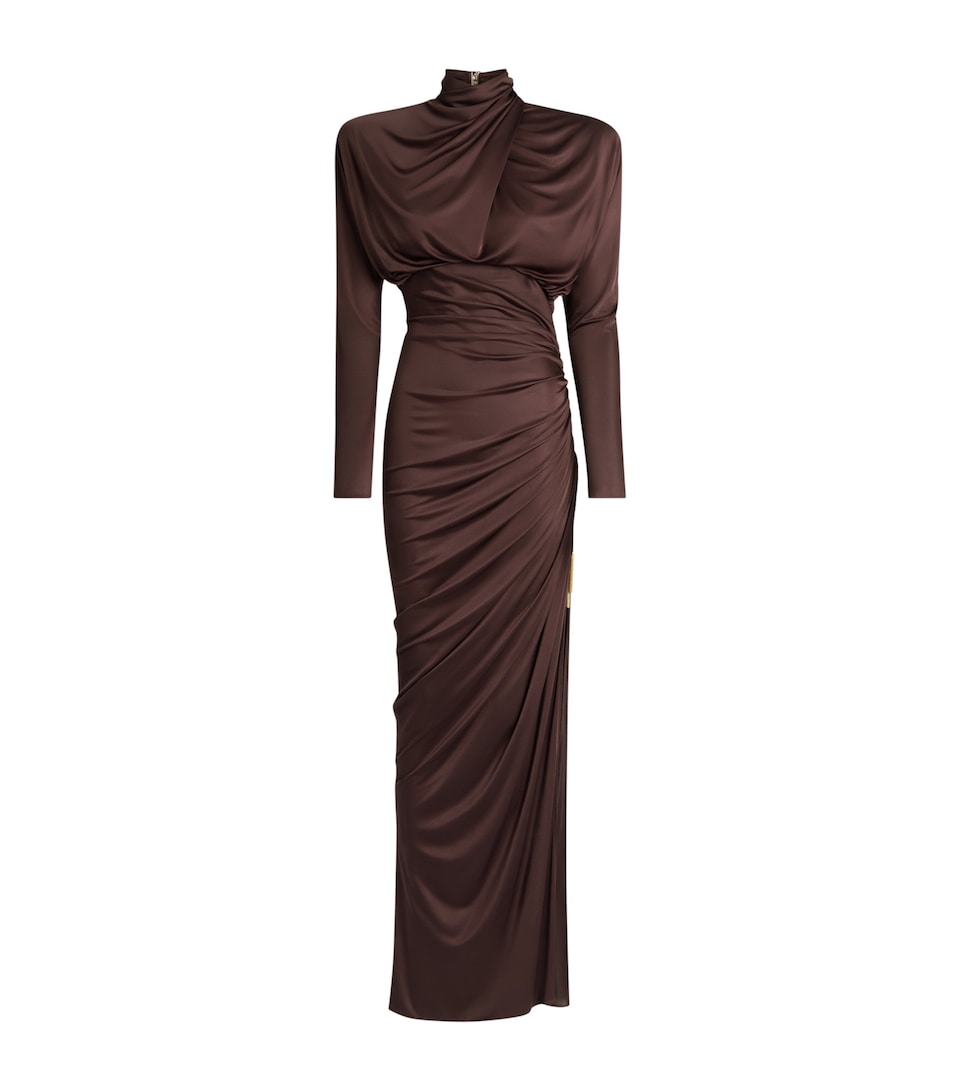 Balmain Womens Draped Long-Sleeve Maxi Dress Brown Marron