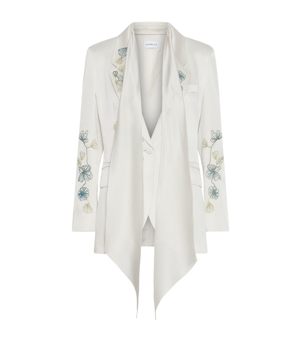 Marella Womens Satin Embroidered Scarf-Detail Blazer Wool White