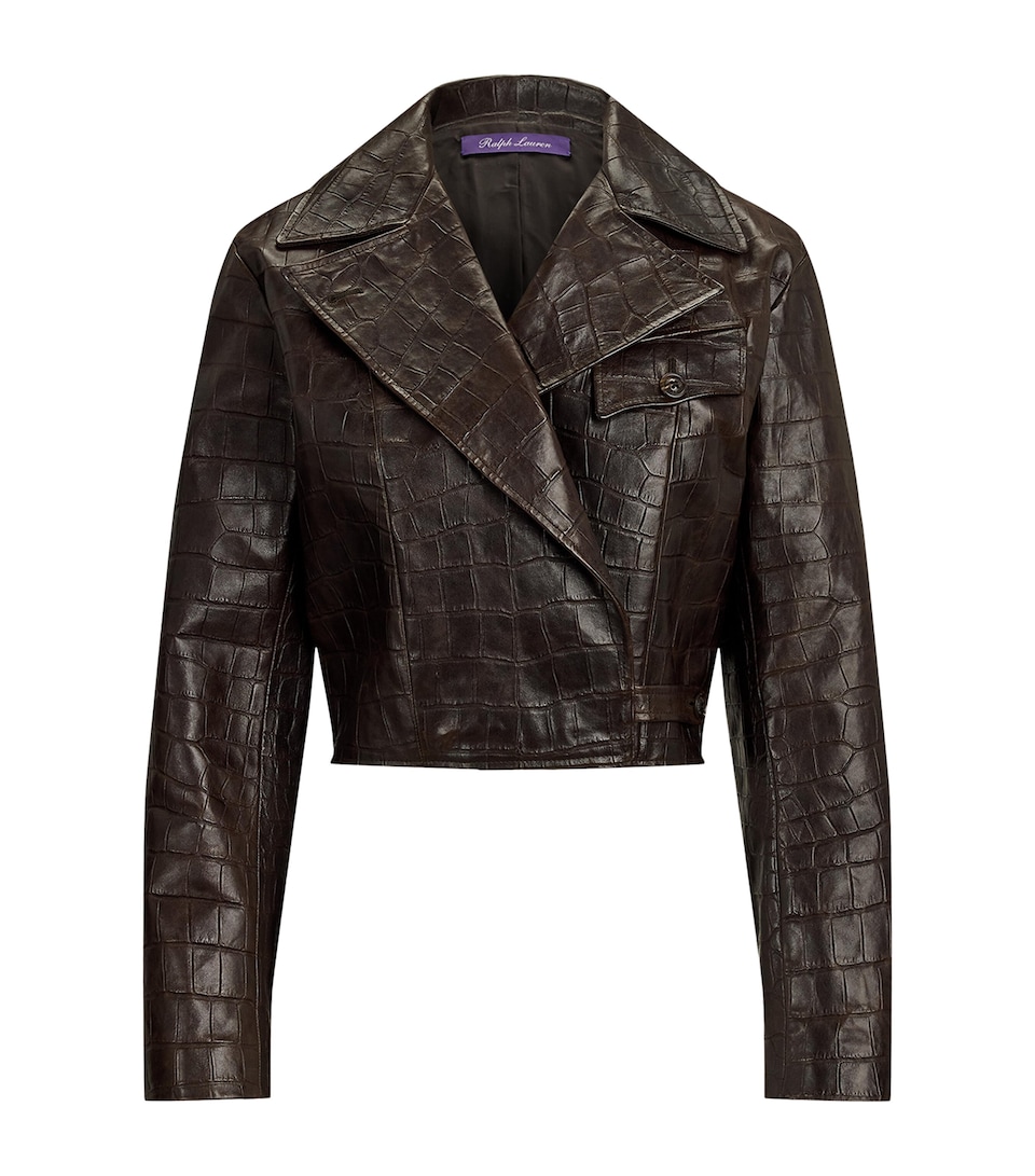 Ralph Lauren Collection Womens Croc-Print Jaxson Moto Leather Jacket Espresso