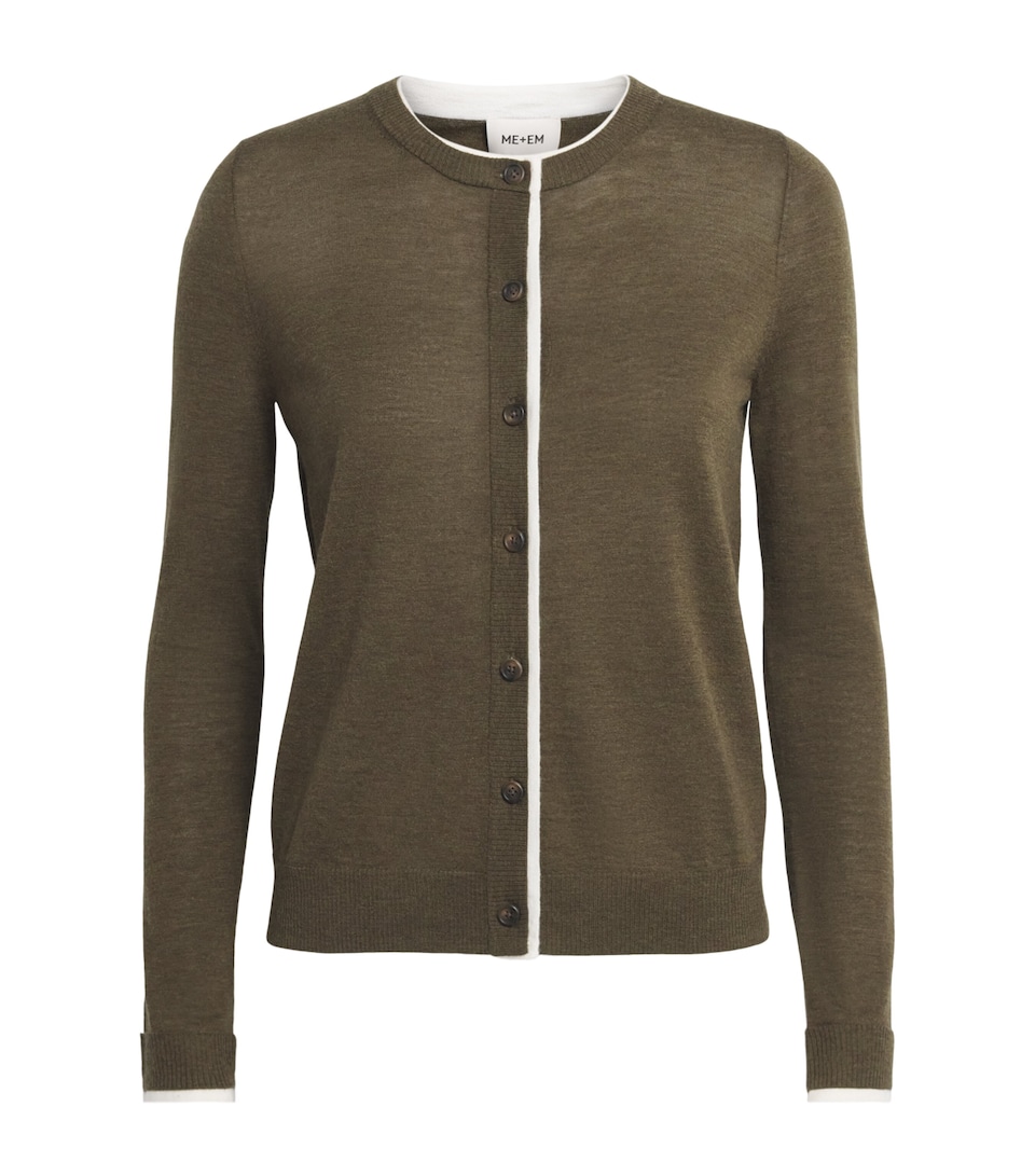 ME+EM Womens Merino Wool-Cashmere Barely There Cardigan Olive/white