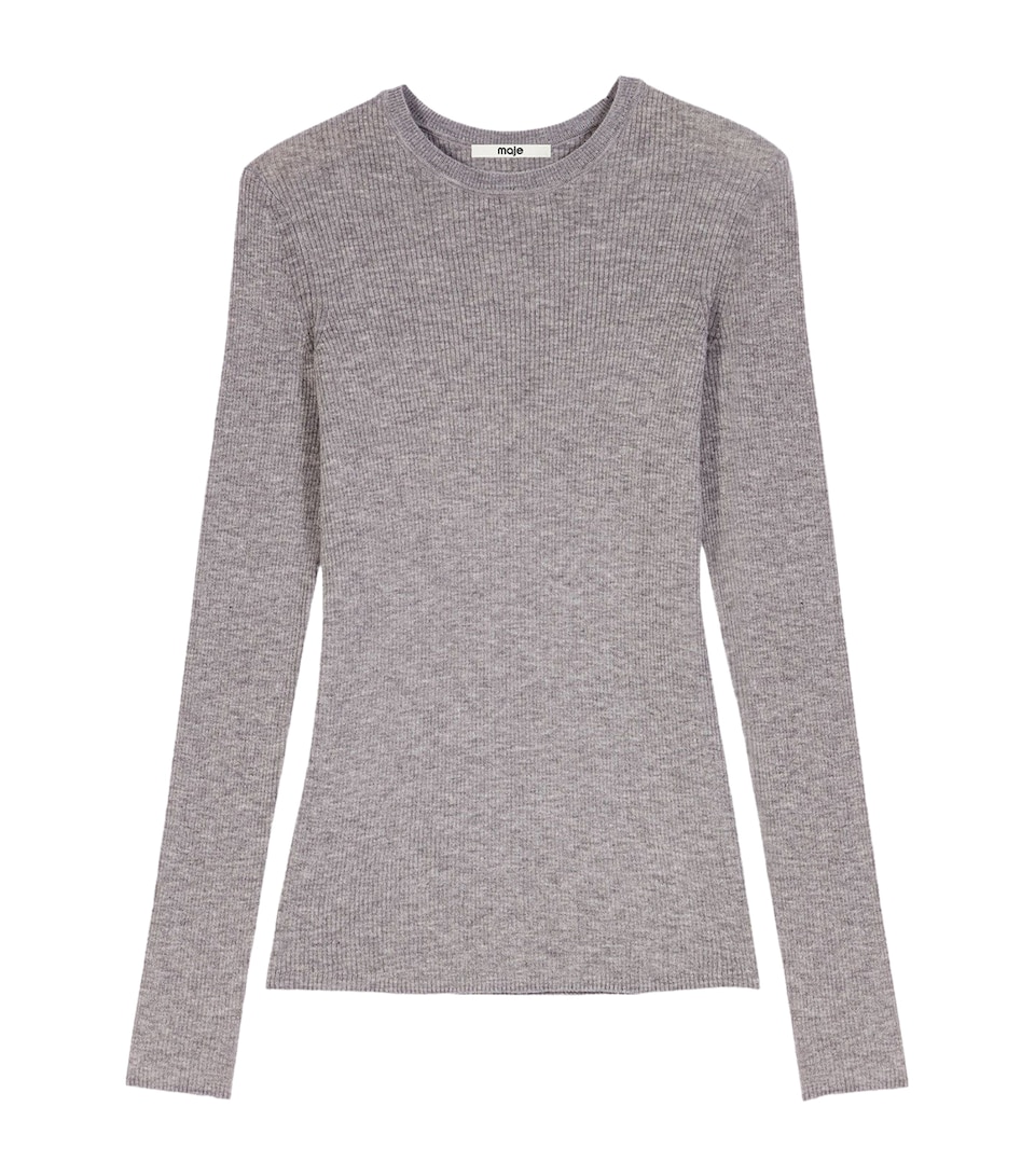 Maje Womens Wool-Silk Rib-Knit Sweater Grey