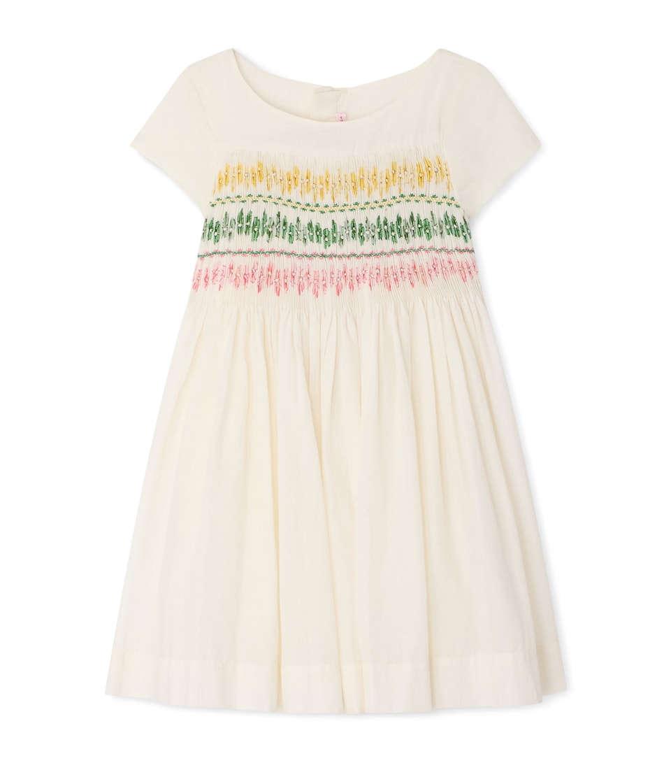 Bonpoint Cotton Ruched Floral Dress (10-14 Years) Blanc Lait