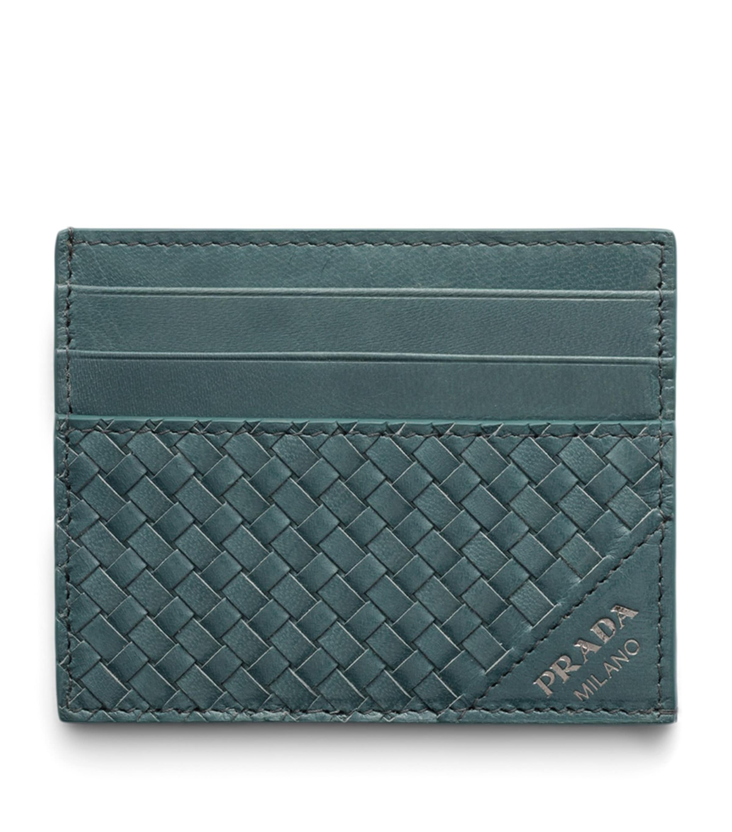Prada Leather Woven Card Holder Blue