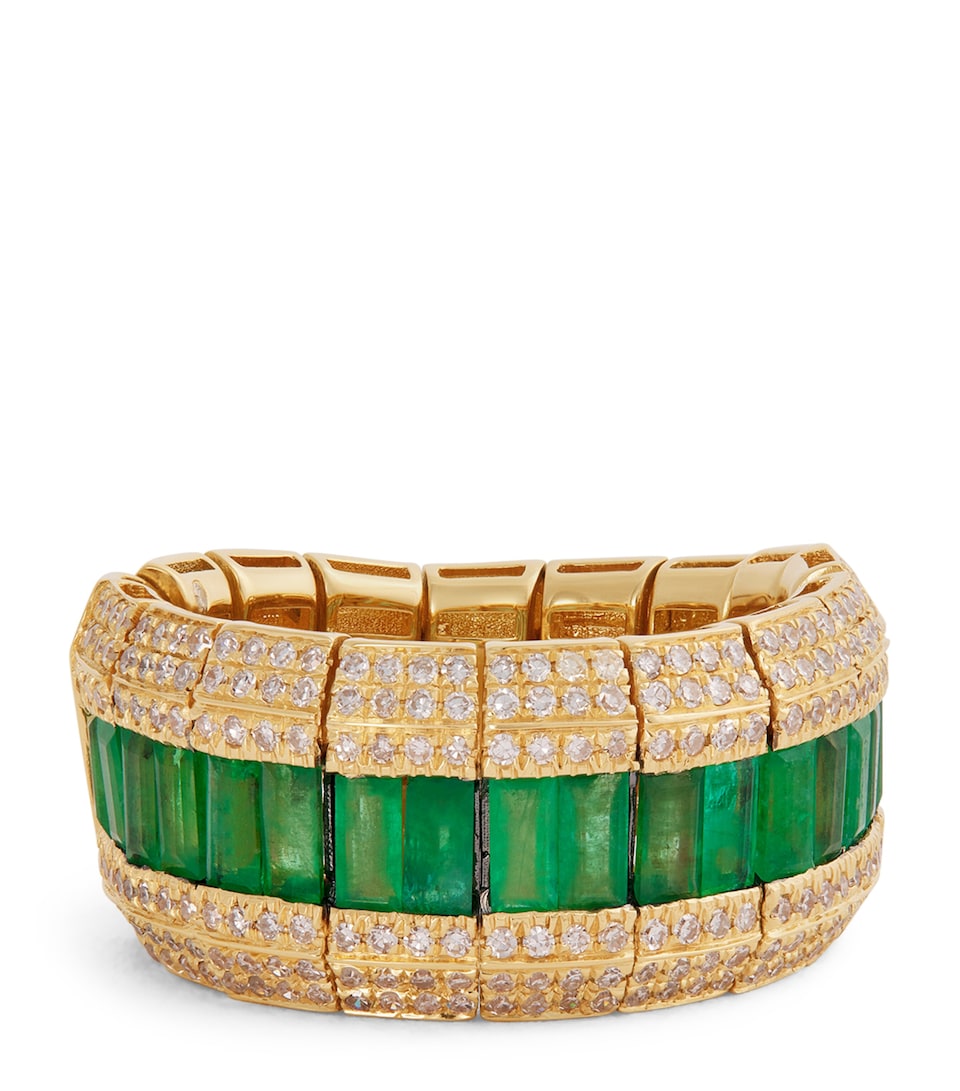 Yellow Gold, Emerald and Diamond Stretch Ring