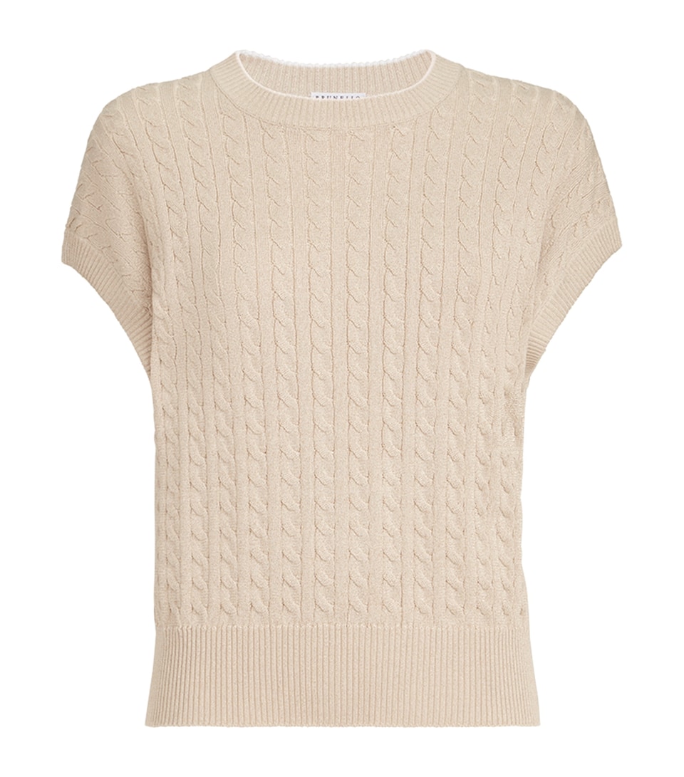 Brunello Cucinelli Womens Cable-Knit Sparkling Short-Sleeve Sweater Butter
