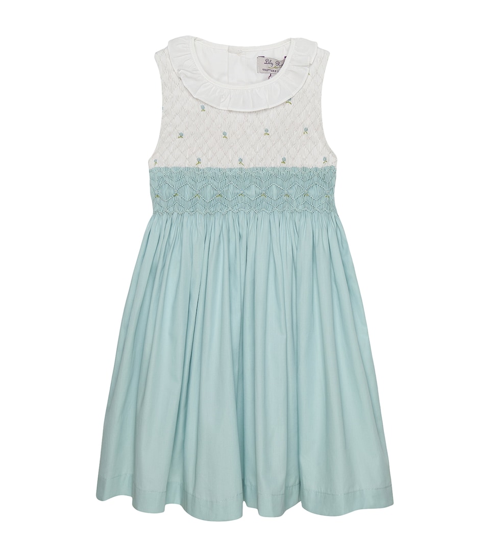 Trotters Smocked Willow Rose Dress (6-11 Years) Sea Blue/white