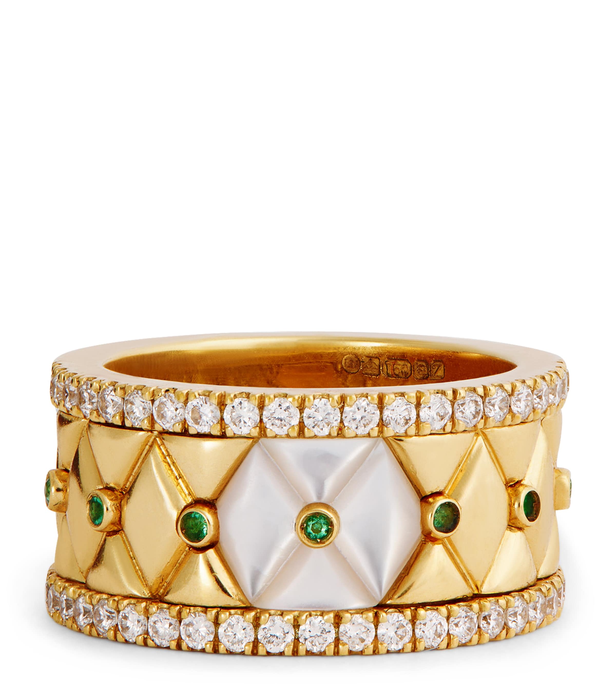 Small Yellow Gold, Diamond, Emerald and Pearl Bond Street Ring (Size 48)