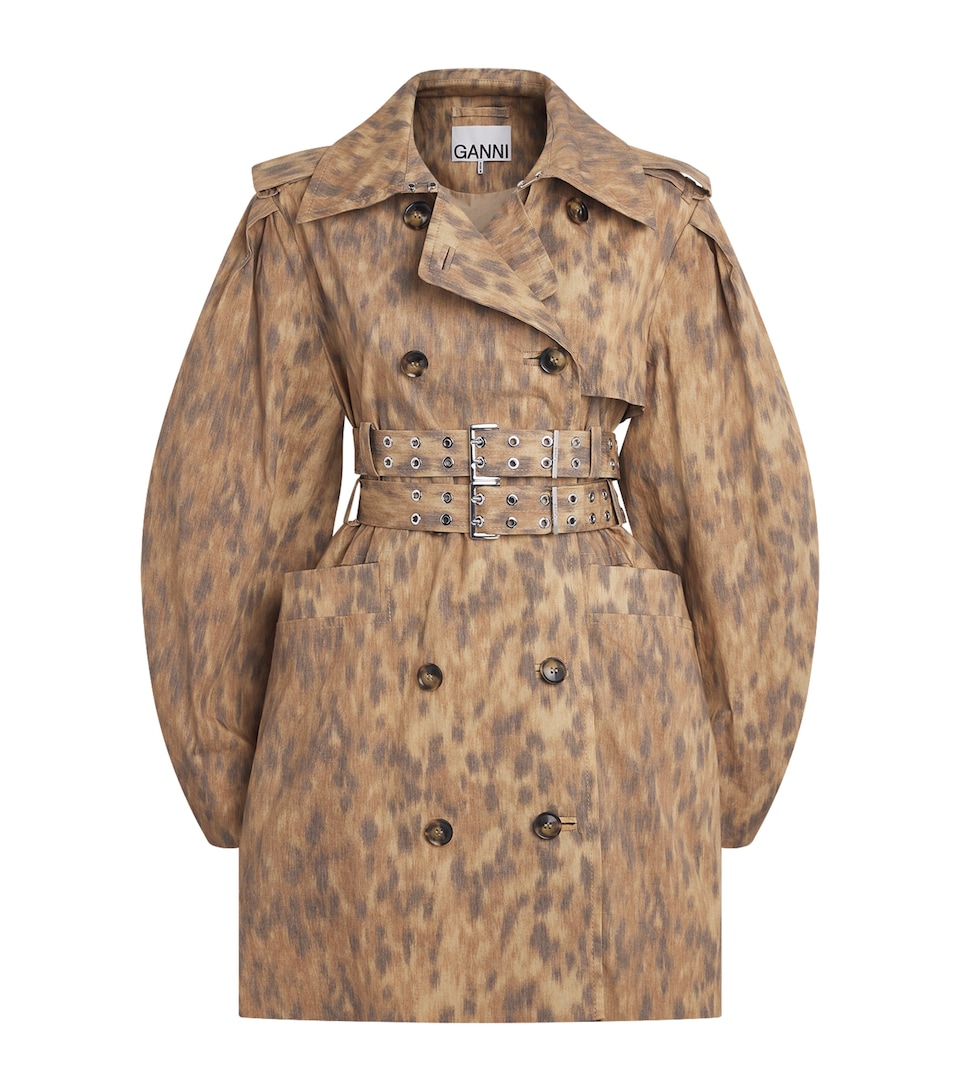 GANNI Womens Stretch-Cotton Leopard Print Belted Trench Coat Zzt Burro