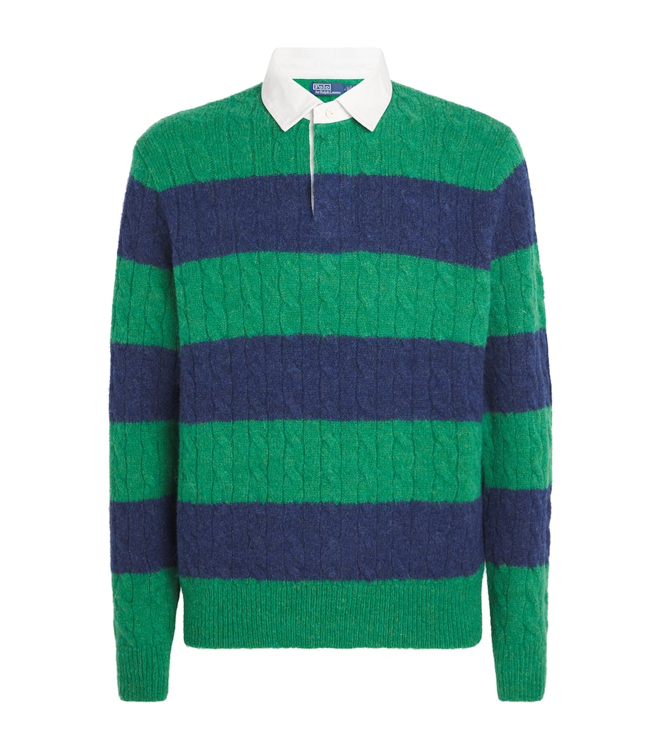 Wool-Blend Stripe Cable-Knit Rugby Sweater