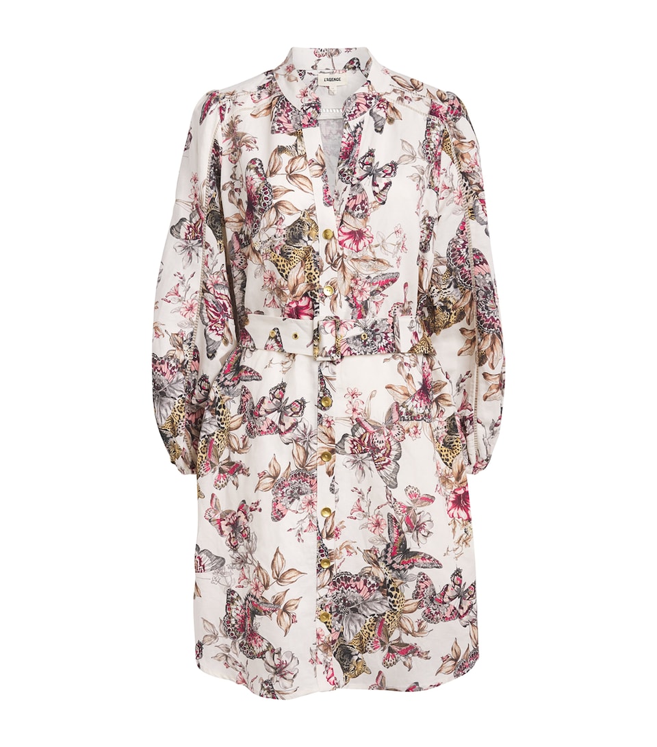 L'Agence Womens Linen-Blend Printed Kiersten Mini Dress Wht Mlti Lrg Btrfly