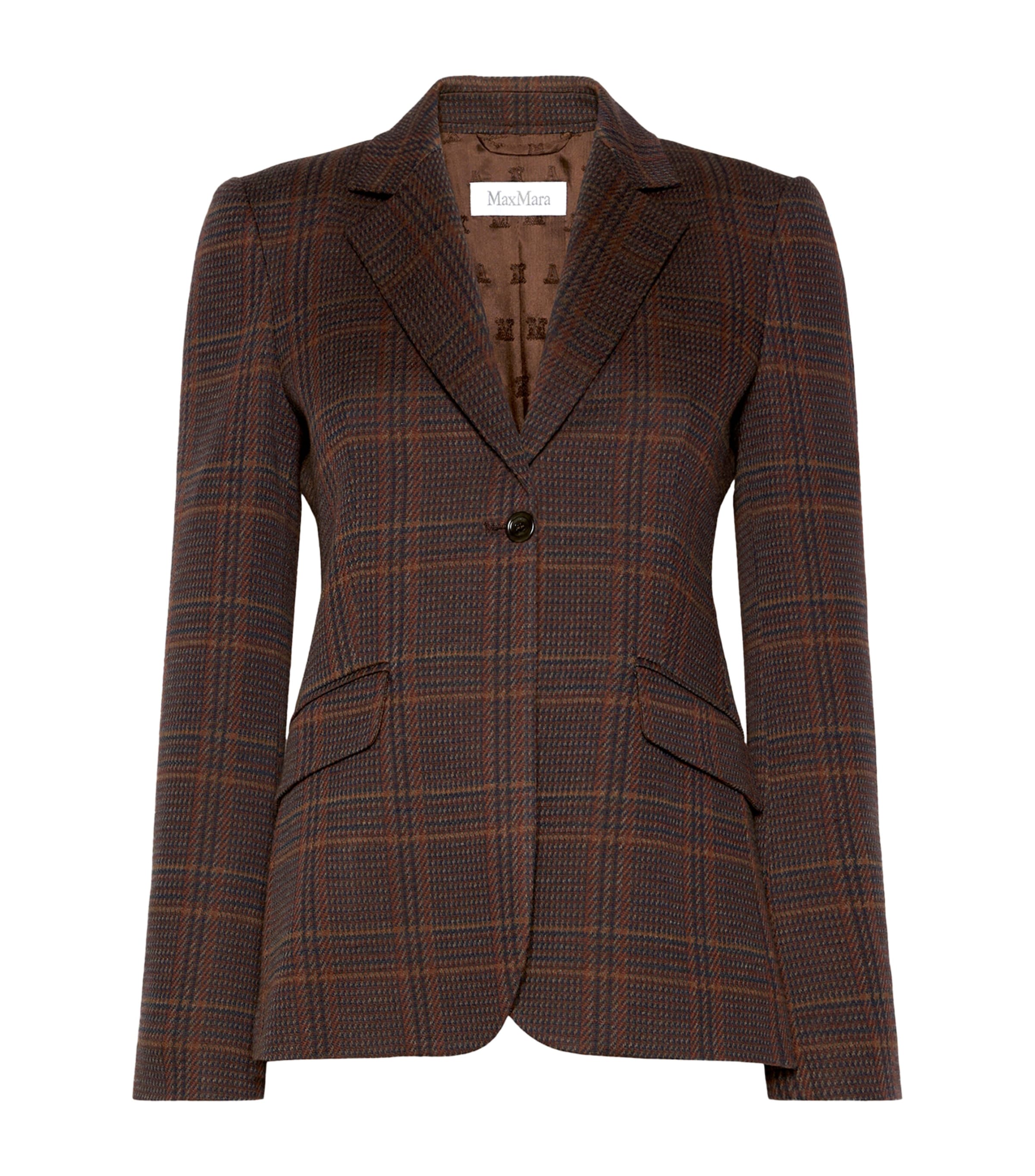 Max Mara Womens Virgin Wool-Cotton Prince of Wales Check Blazer Brown Bordeaux