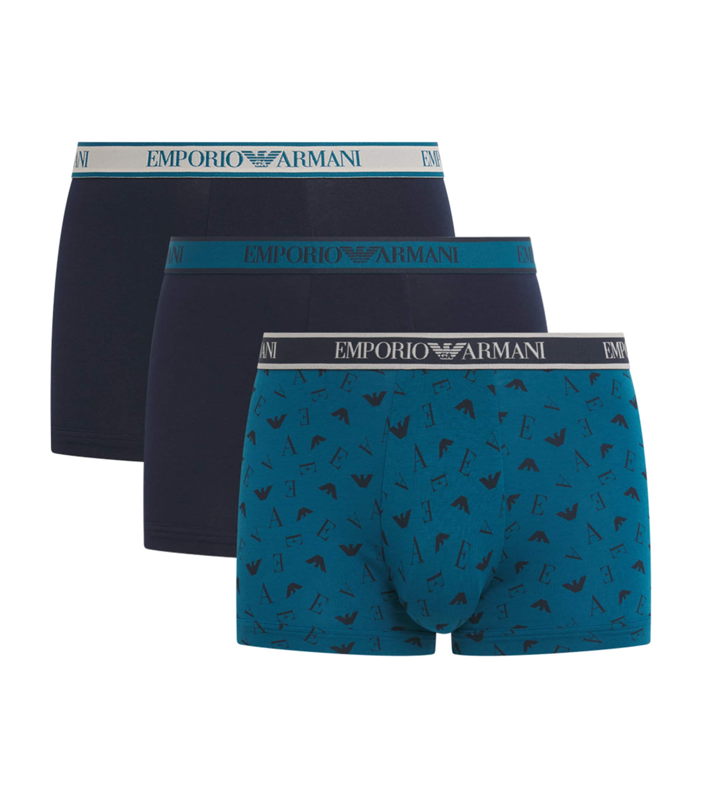 Emporio Armani Mens Stretch-Cotton Logo Trunks (Pack of 3) Blu/octan