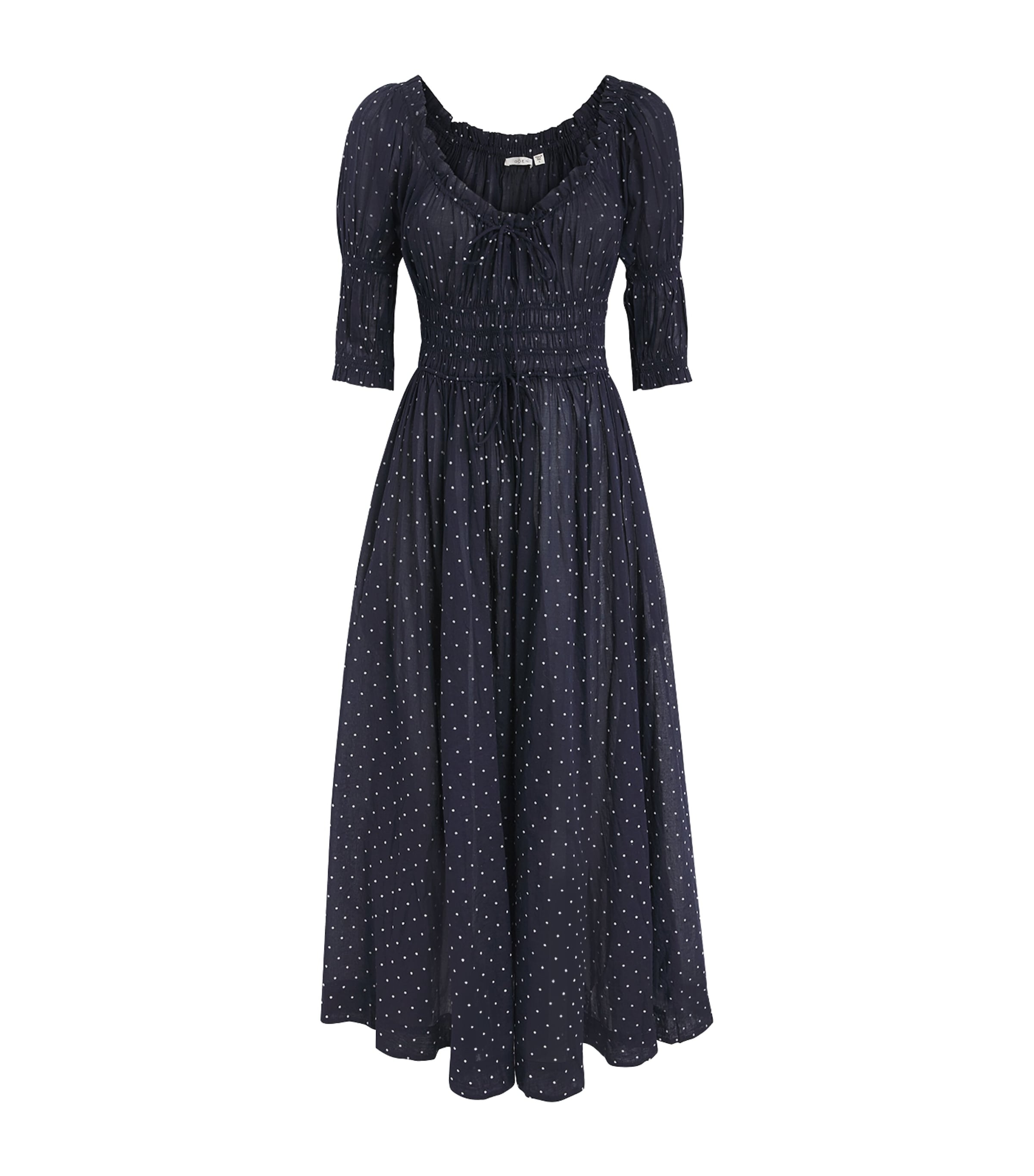 DÔEN Womens Organic Cotton Polka-Dot Ischia Maxi Dress Navy Flock Dot