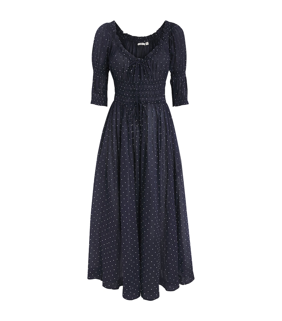 DÔEN Womens Organic Cotton Polka-Dot Ischia Maxi Dress Navy Flock Dot