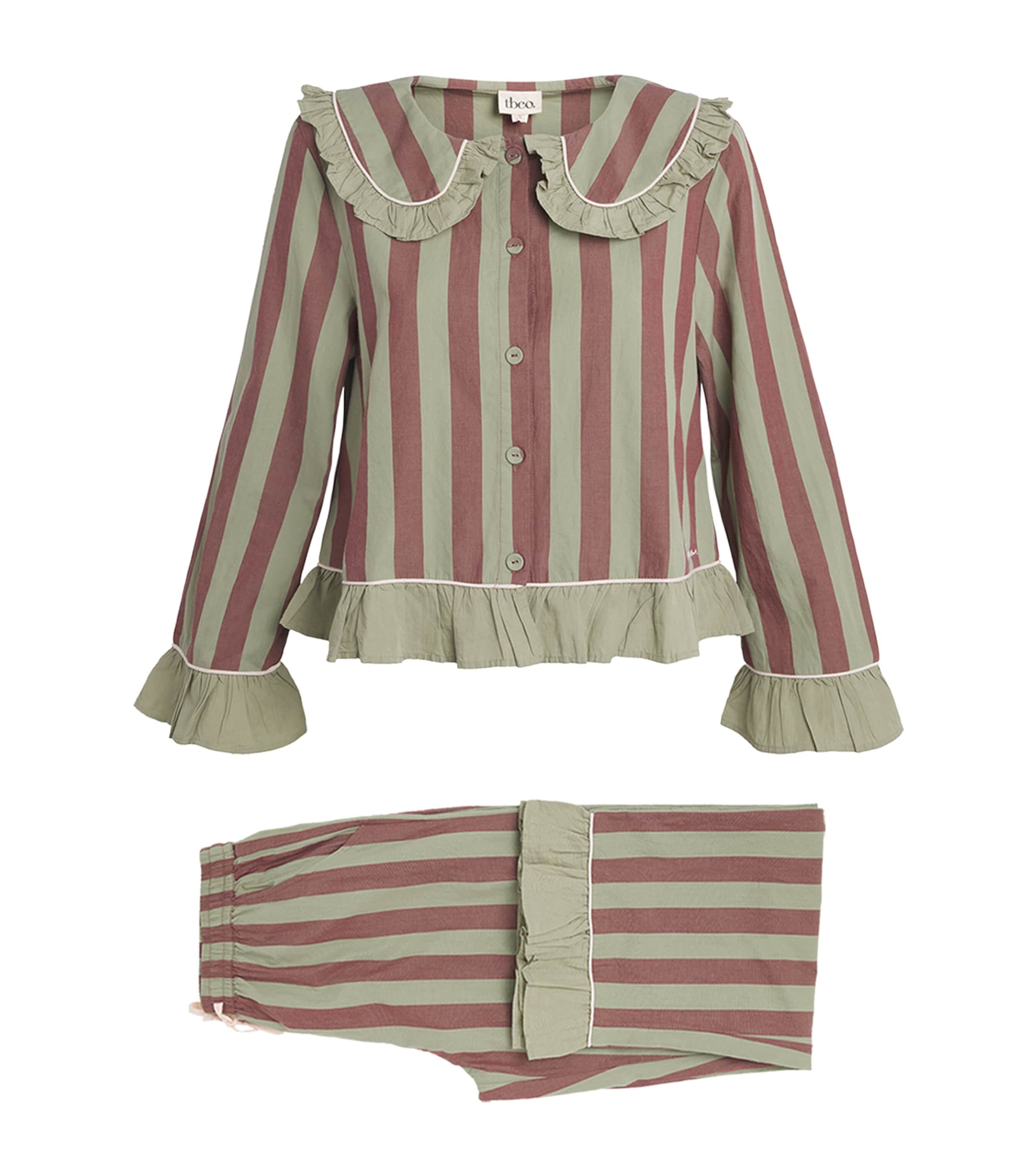 TBCO Womens Cotton Stripe Ruffle Pyjama Set Sage & Brown Stripe