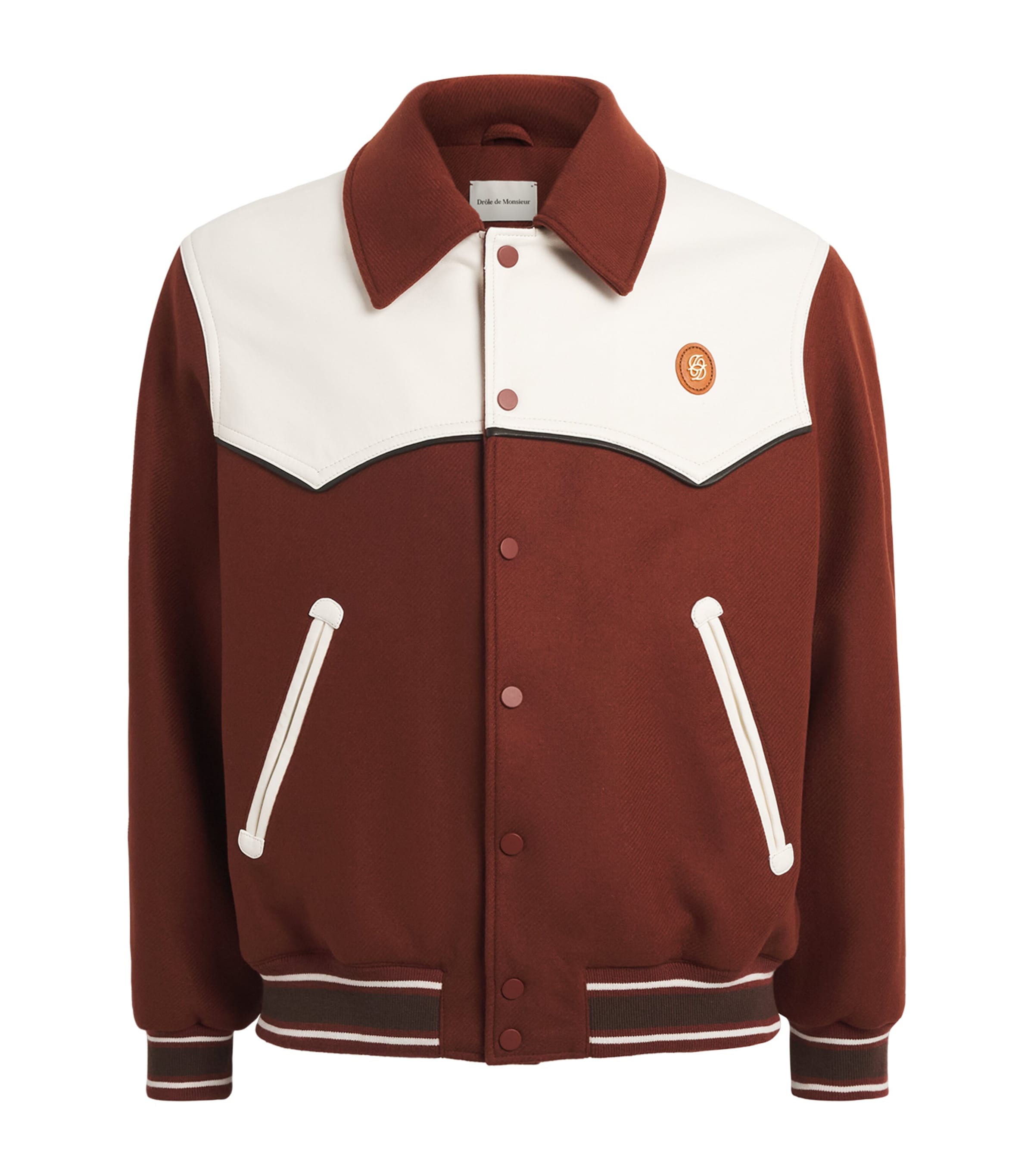 Drôle de Monsieur Mens Virgin Wool-Blend Leather Yoke Bomber Jacket Red