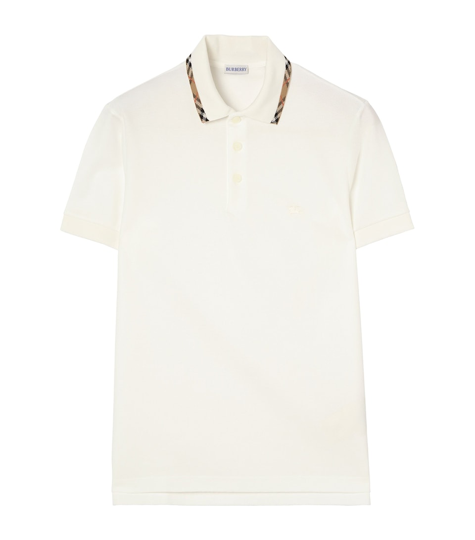 Burberry Mens Cotton Check-Trim Polo Shirt Chalk
