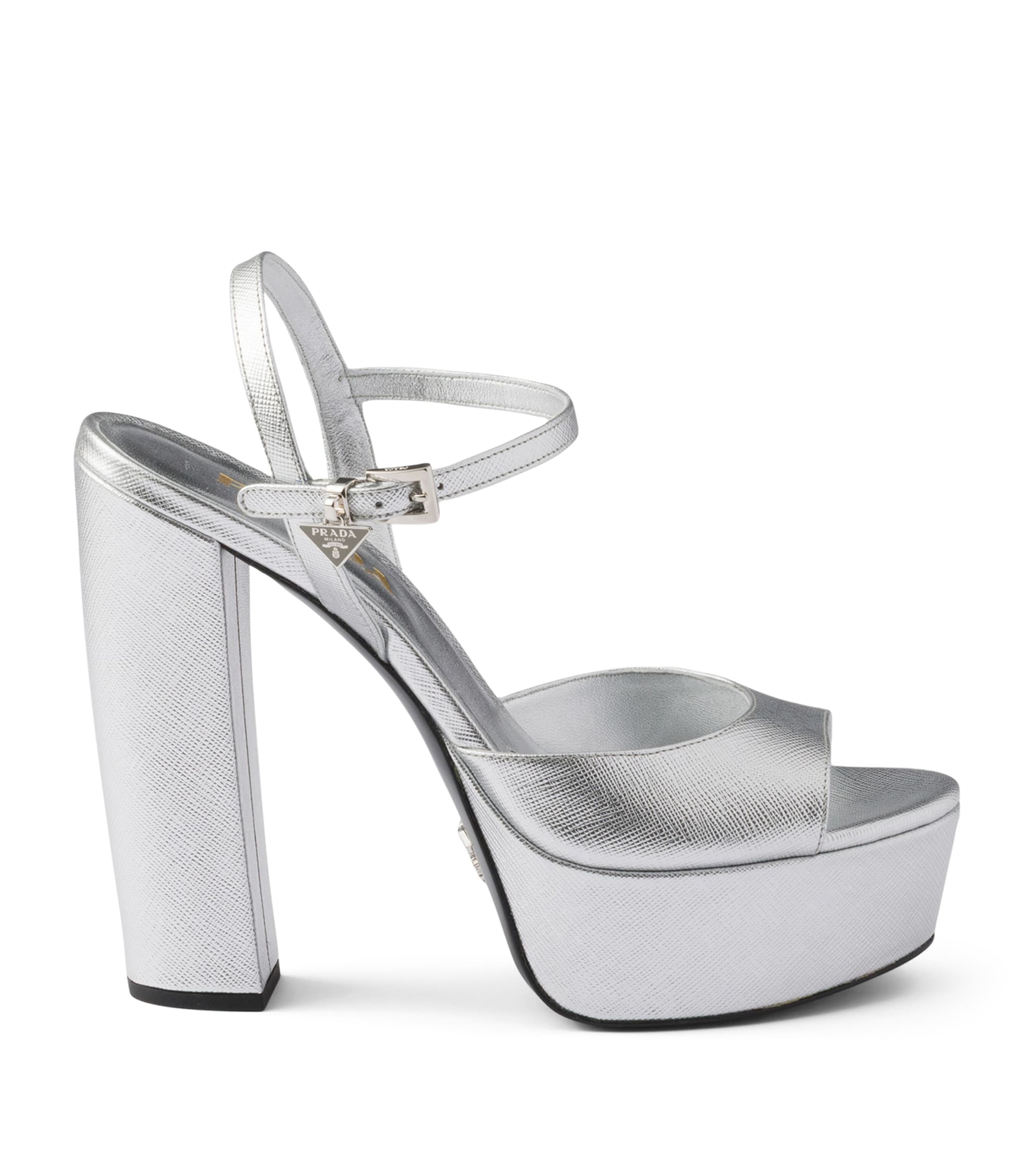 Prada Patent Saffiano Leather Platform Sandals 115 Gold/silver