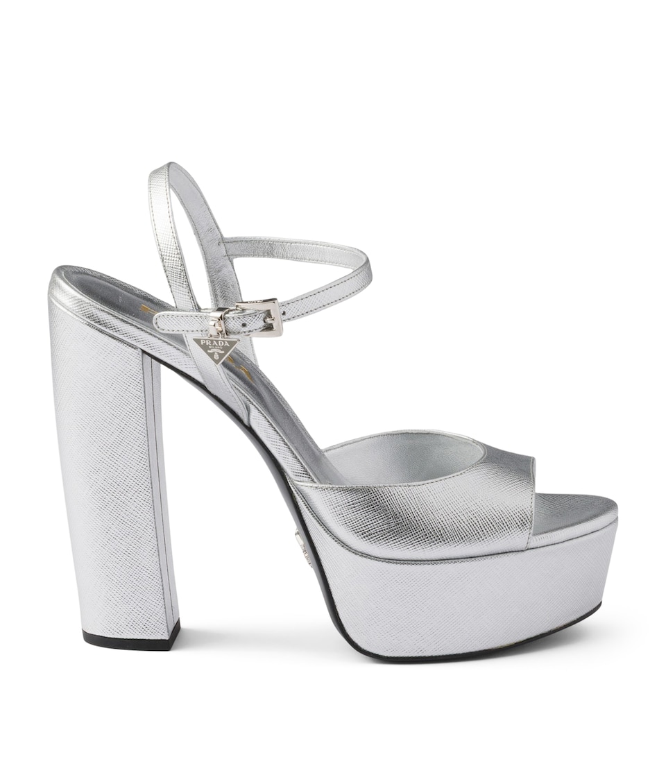Prada Patent Saffiano Leather Platform Sandals 115 Gold/silver