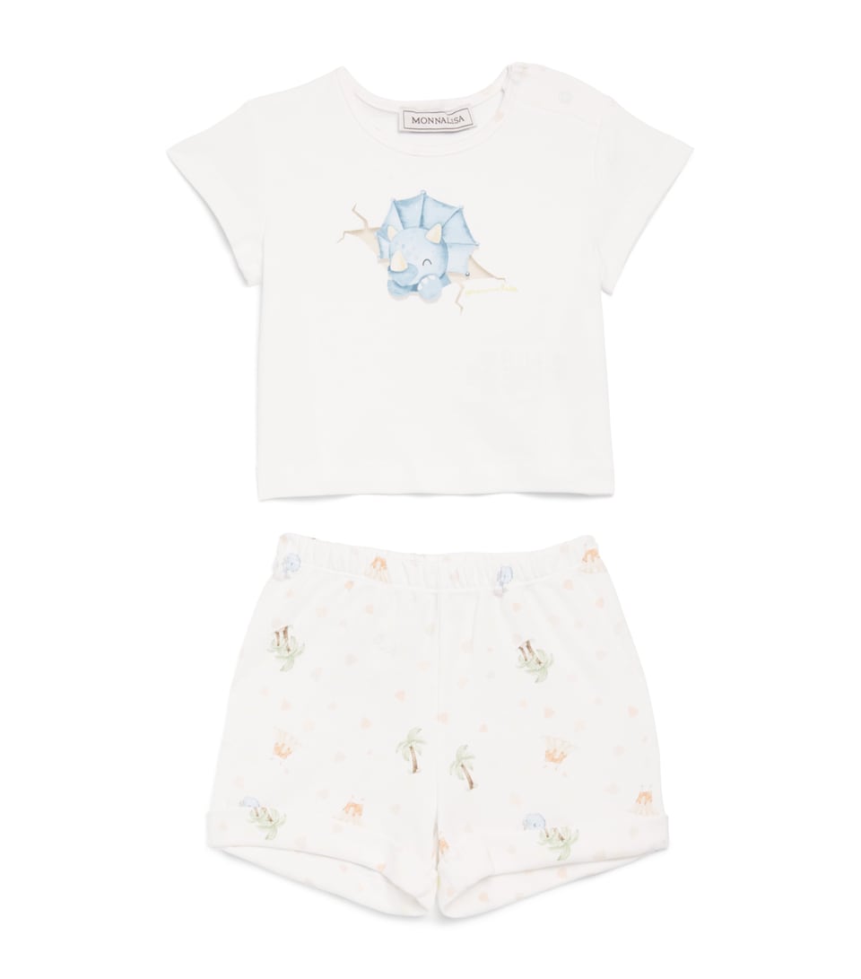 Monnalisa Cotton Dinosaur T-Shirt and Shorts Set (1-9 Months) White+lemonade