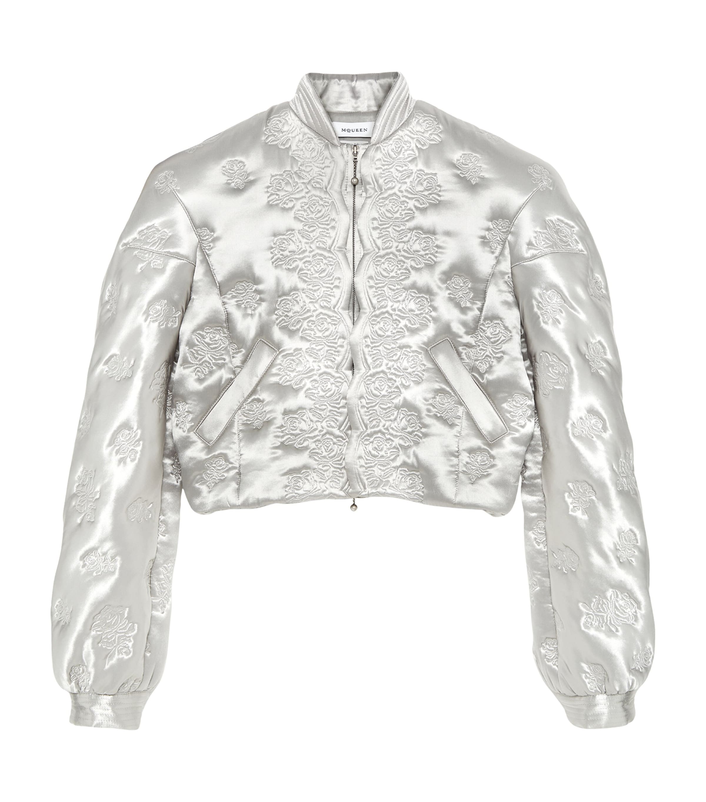 McQueen Womens Satin Embroidered Bomber Jacket