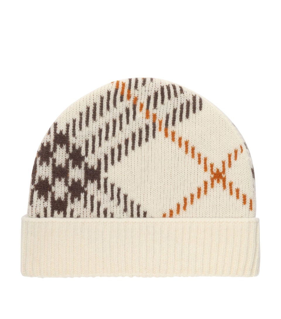 Burberry Cashmere-Blend Check Beanie Pebble White