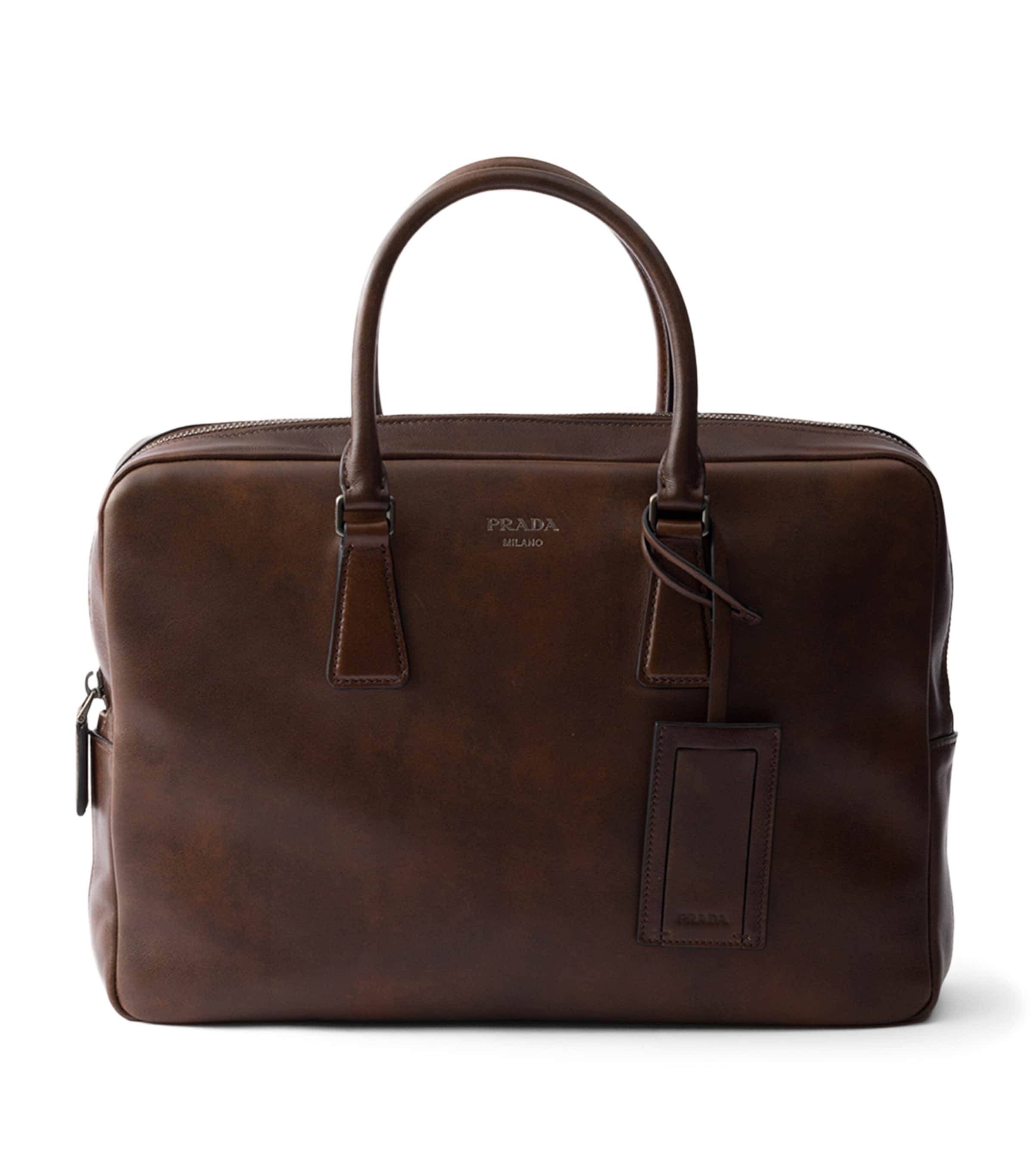 Prada Leather Logo Briefcase Brown