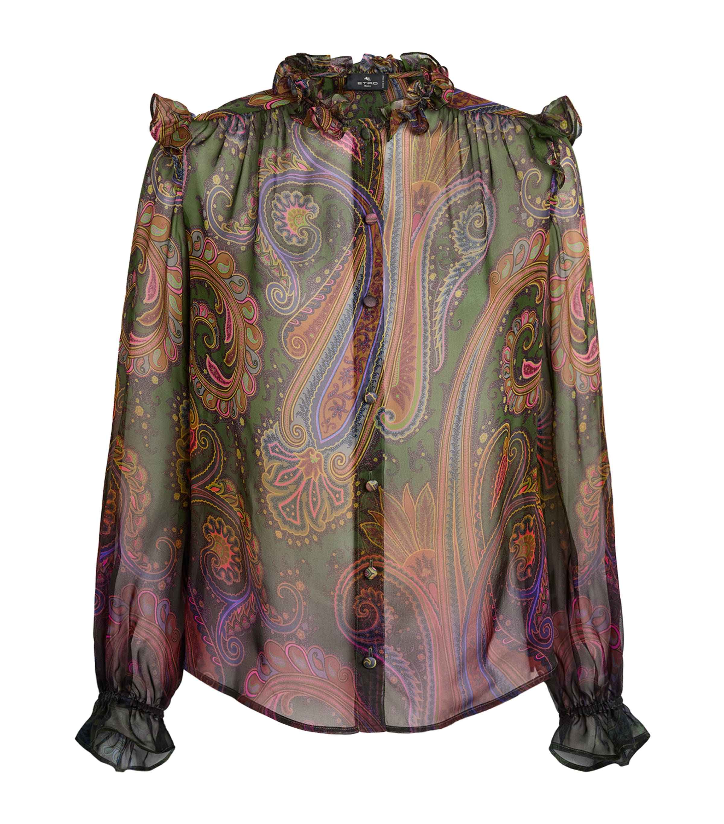 Etro Womens Silk Ruffle Paisley Blouse Green