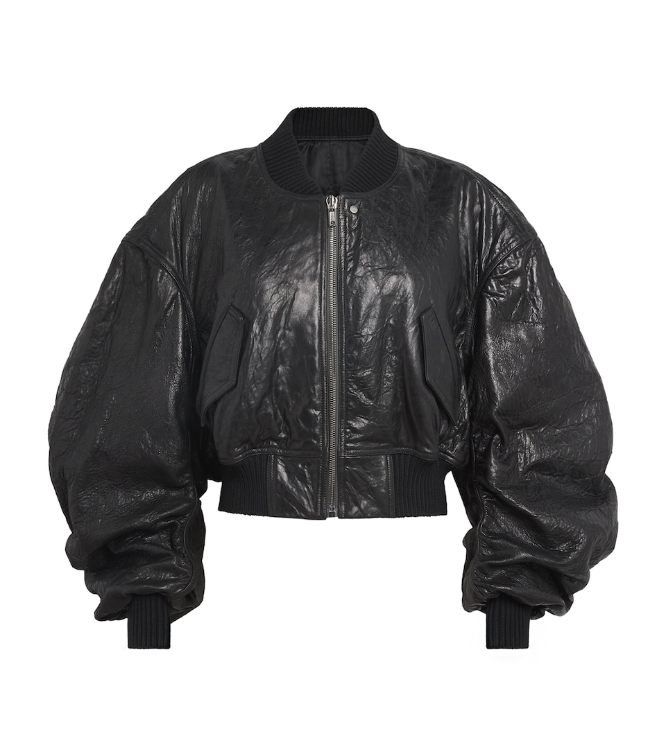 Rick Owens Womens Crinkled Leather Bomber Jacket Black