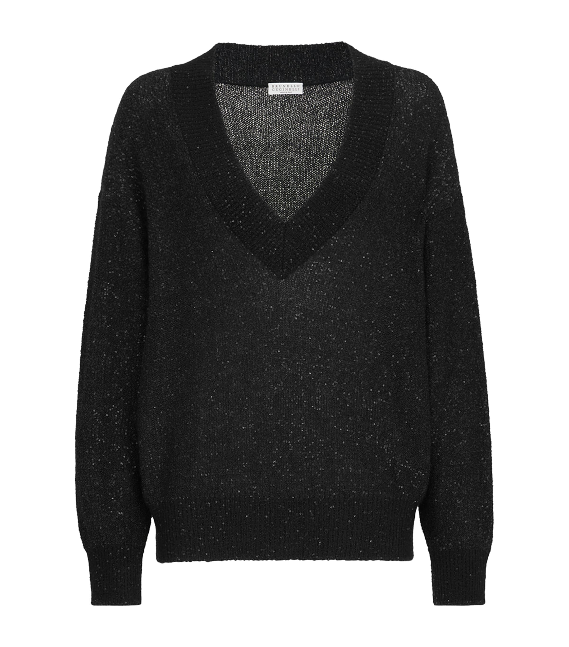 Brunello Cucinelli Womens Embellished V-Neck Sweater Black