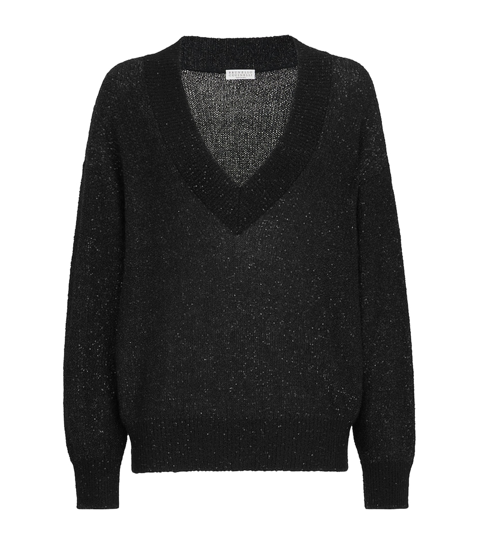 Brunello Cucinelli Womens Embellished V-Neck Sweater Black