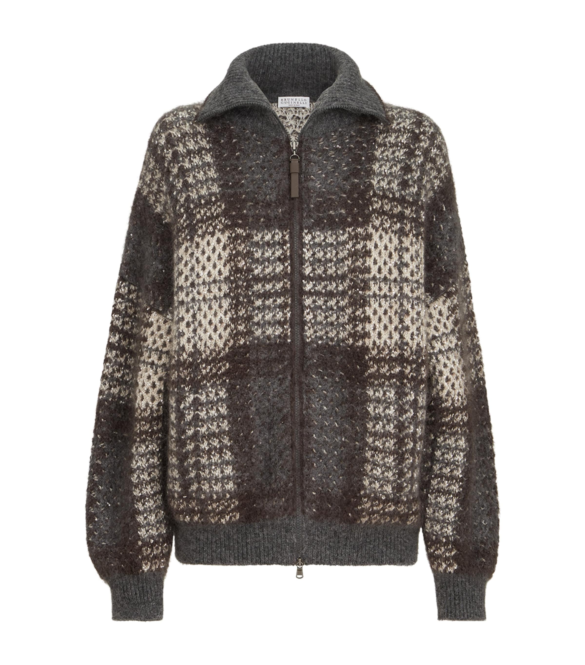 Brunello Cucinelli Womens Knitted Check Jacket Beige+grey