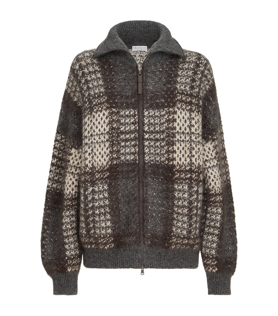 Brunello Cucinelli Womens Knitted Check Jacket Beige+grey