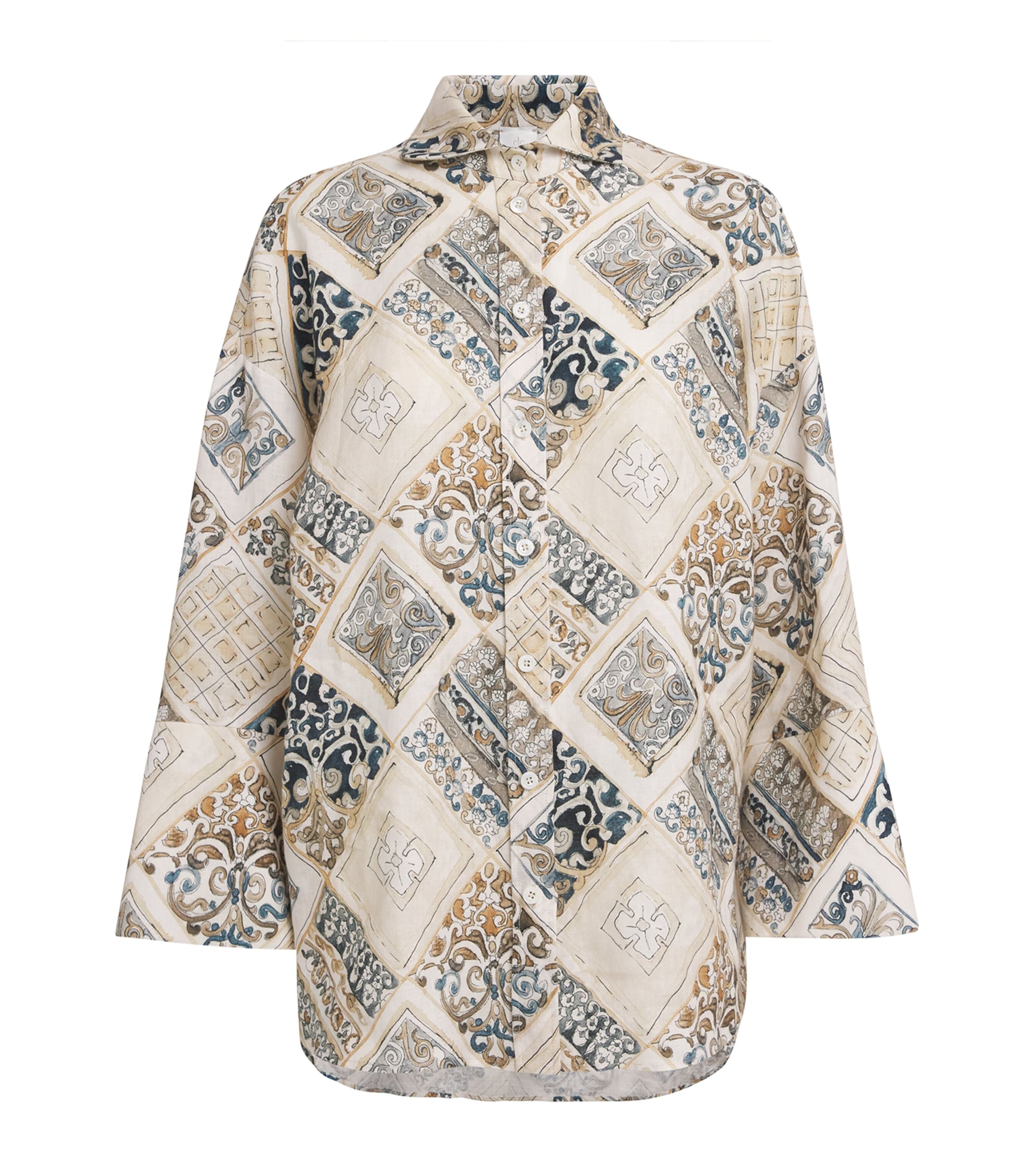 Eleventy Womens Linen Printed Kimono Shirt Sabbia