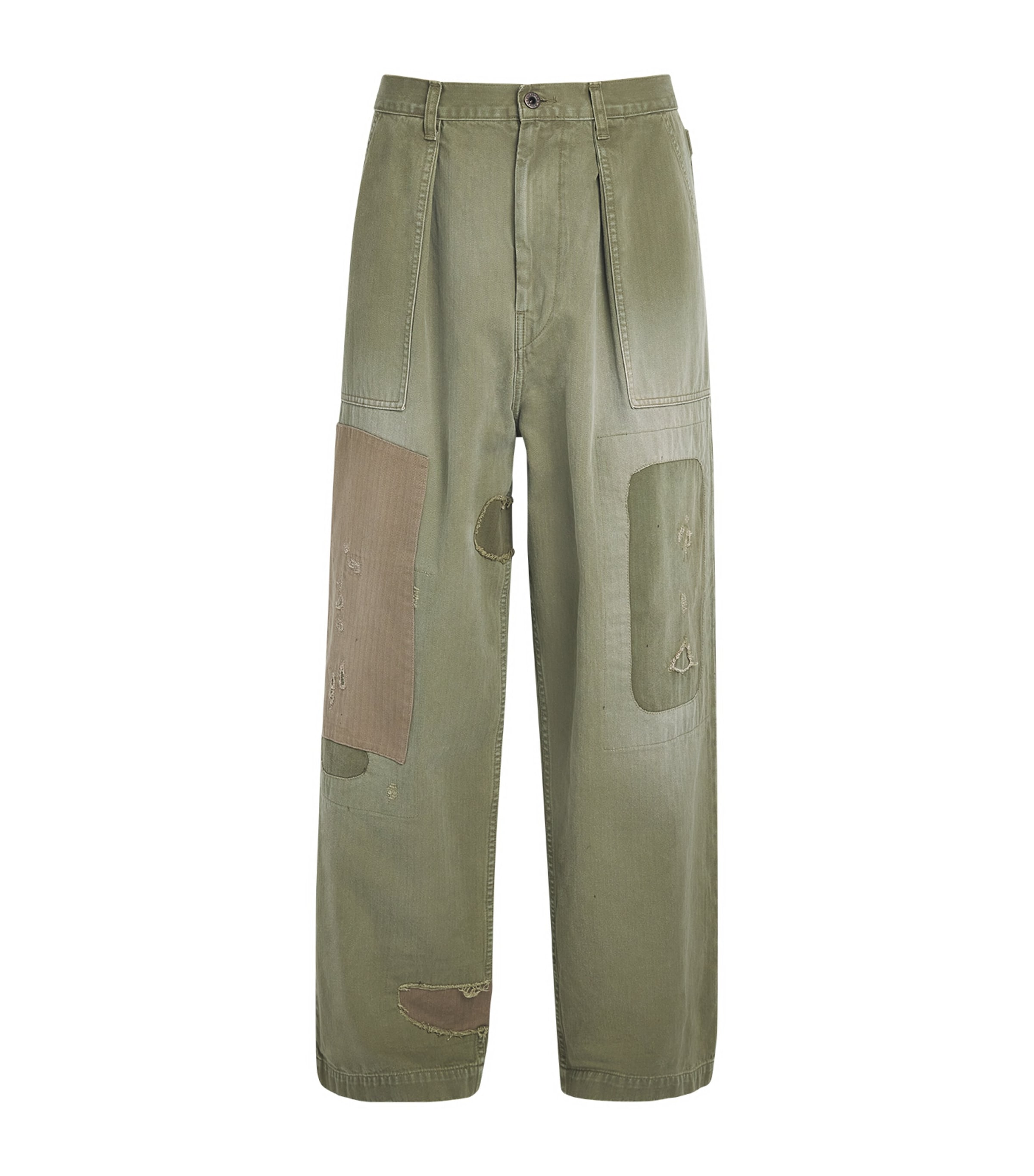Kapital Mens Fatigue Herringbone Baggie Jeans Khaki