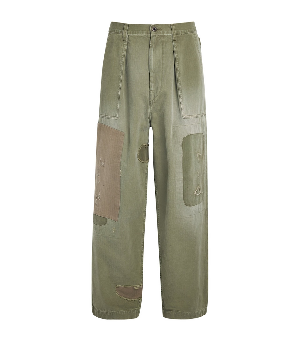 Kapital Mens Fatigue Herringbone Baggie Jeans Khaki