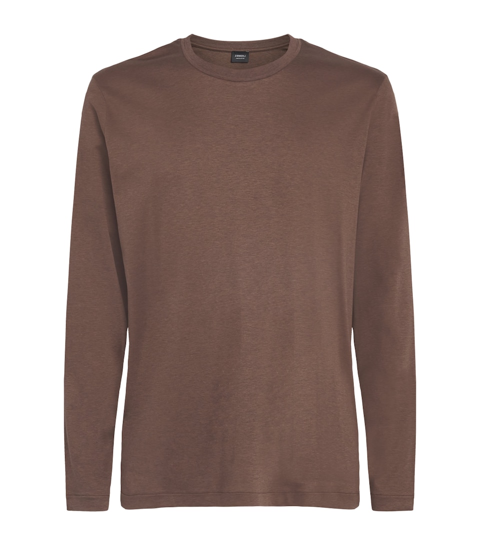 Zimmerli Mens Sea Island Cotton Long-Sleeve Pyjama T-Shirt Brown Melange