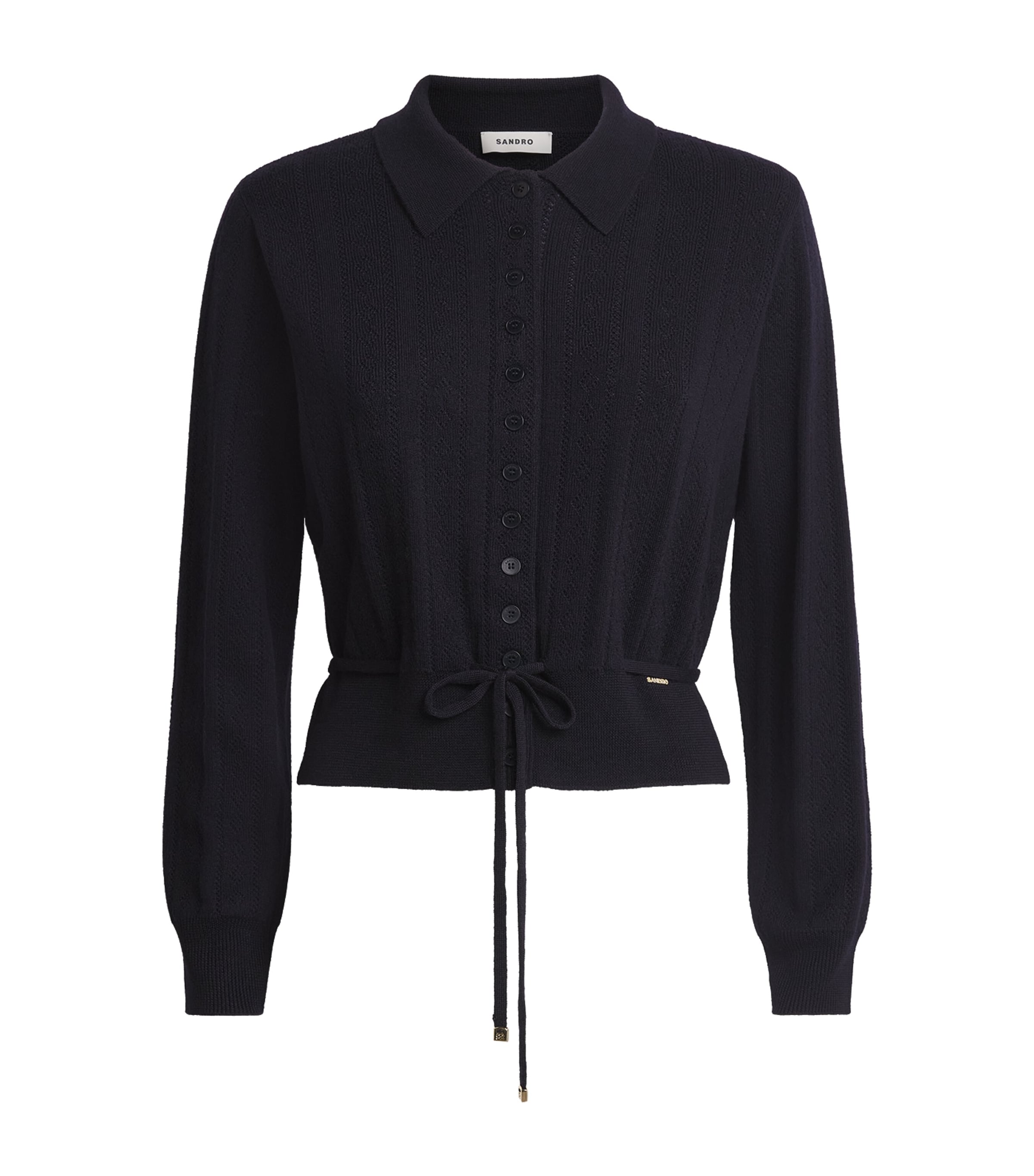 Sandro Paris Womens Wool-Blend Pointelle-Knit Cardigan Navy Blue