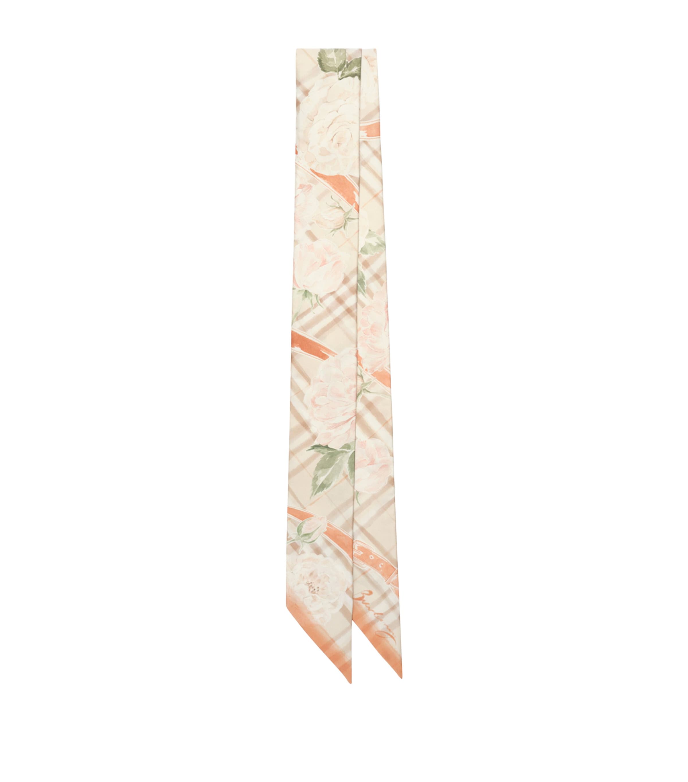 Burberry Silk Rose Check Skinny Scarf Honey Beige