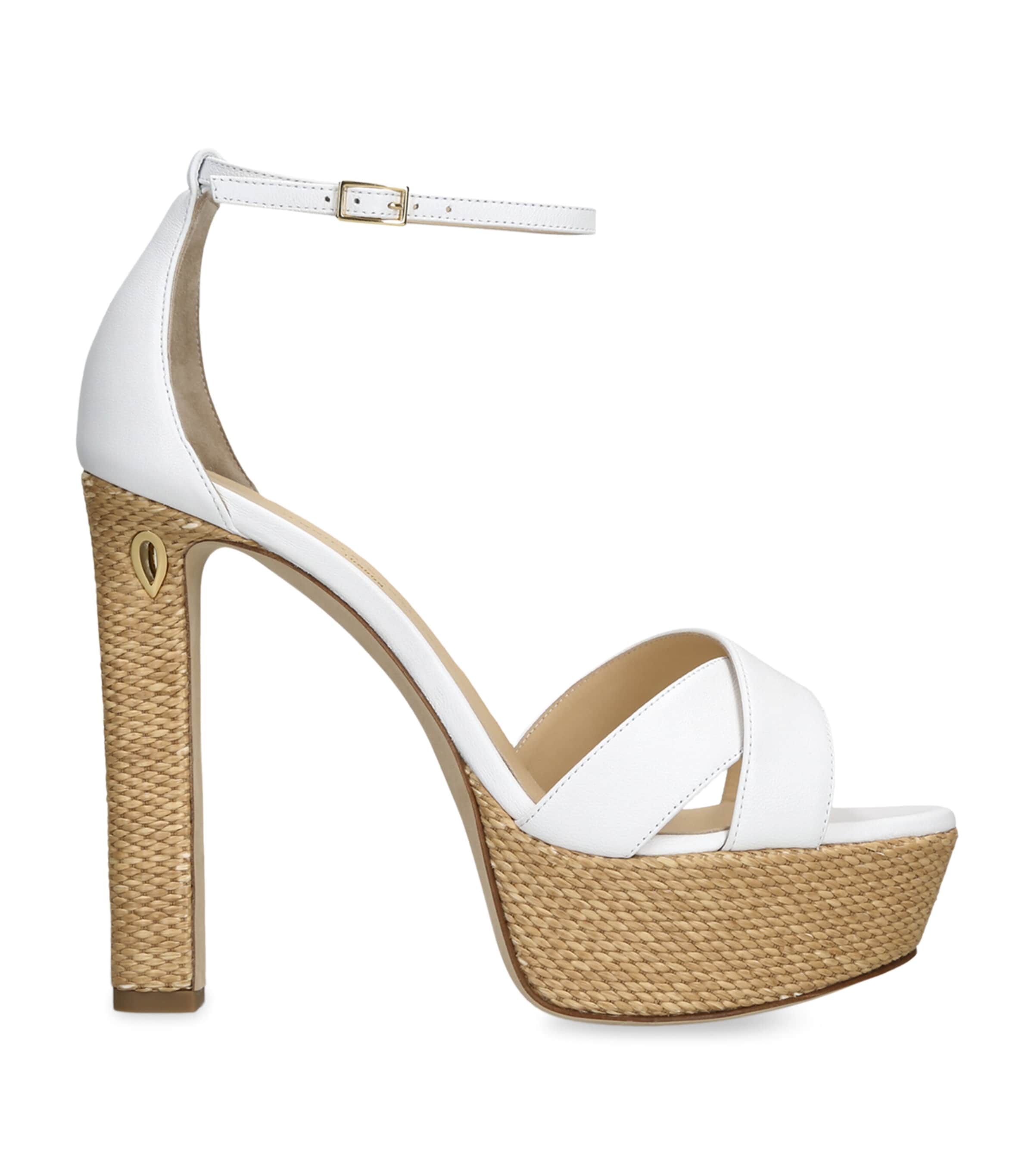 Jennifer Chamandi Leather-Raffia Leo Heeled Sandals 130 White/oth