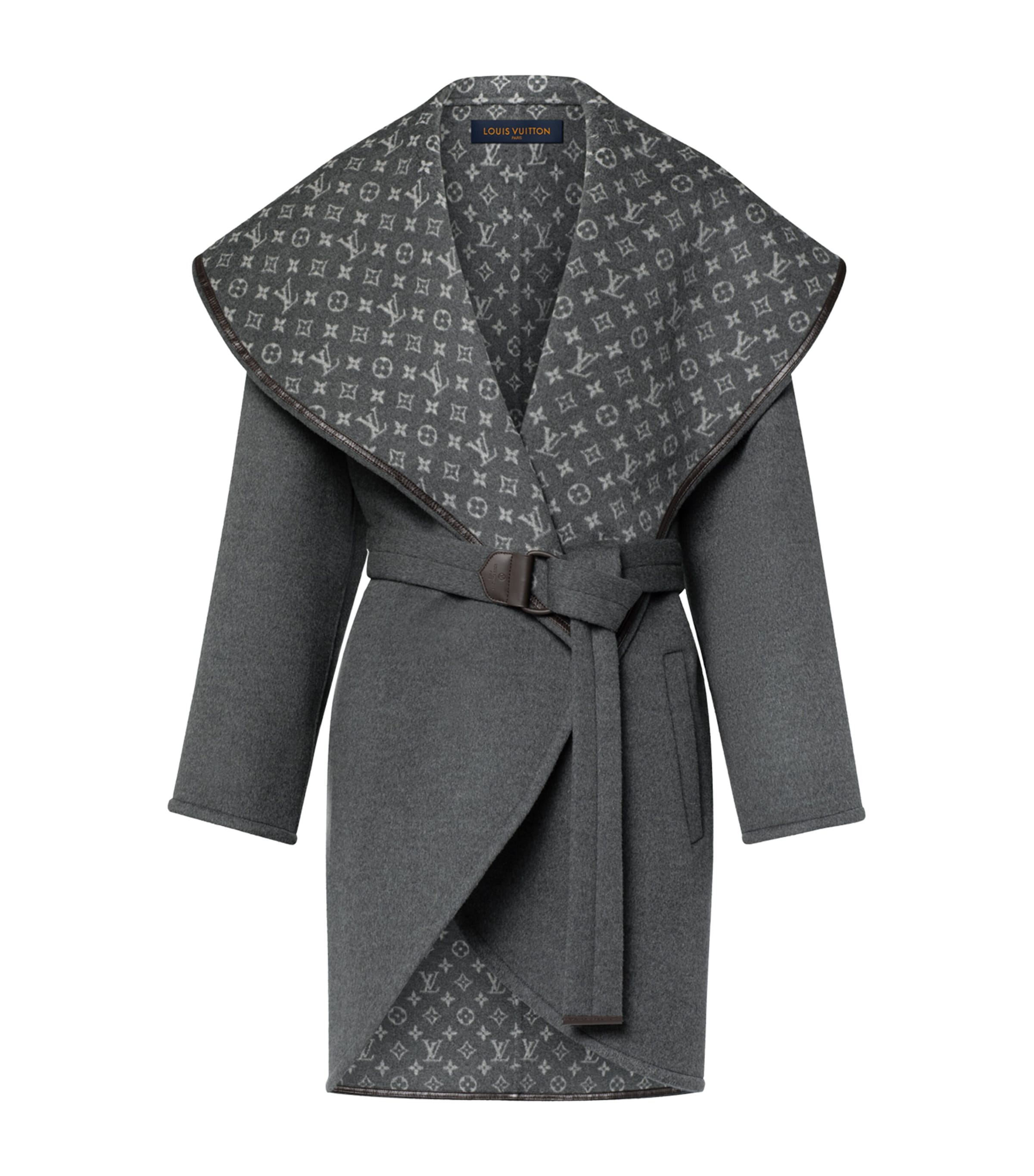 LOUIS VUITTON Womens Wool-Silk Monogram Wrap Coat Kaki Grise