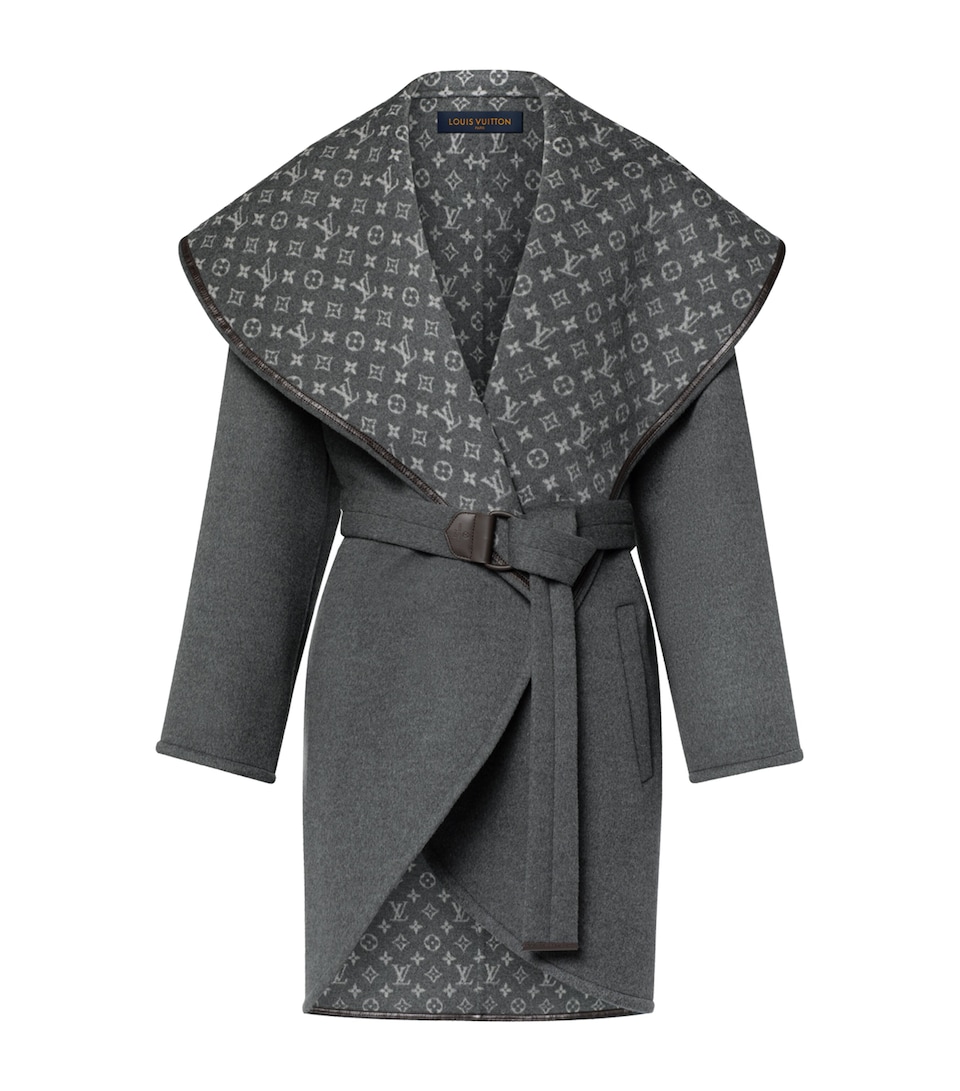 LOUIS VUITTON Womens Wool-Silk Monogram Wrap Coat Kaki Grise