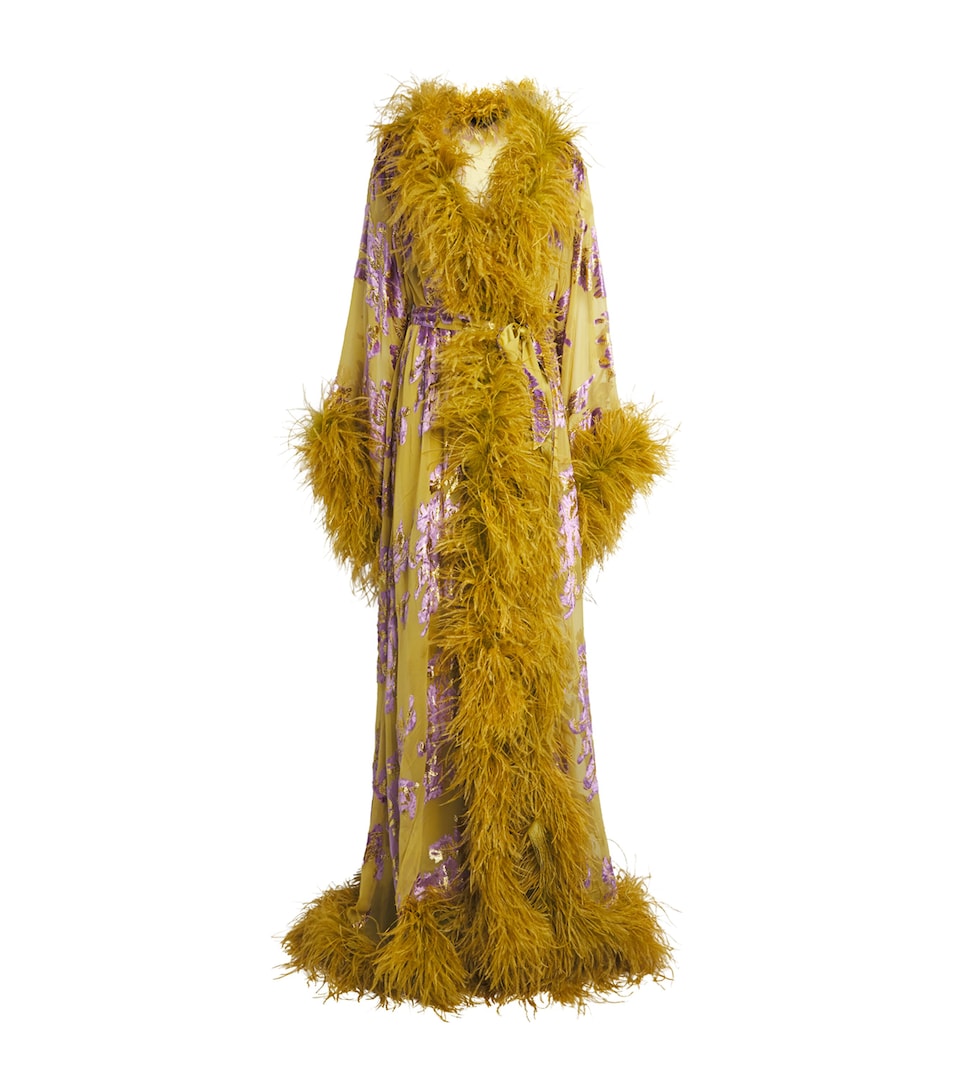 Taller Marmo Womens Silk-Blend Feathered Melano Robe Lavander Gold Kiwi